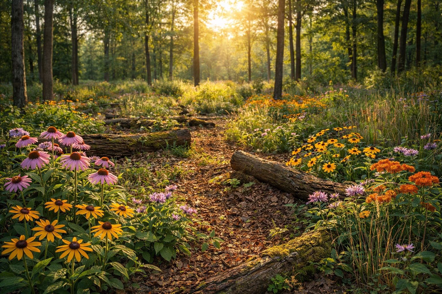 Strategically cleared woods path surrounded by colorful flowers and fallen logs, with edible, medicinal, pollinator landscape.