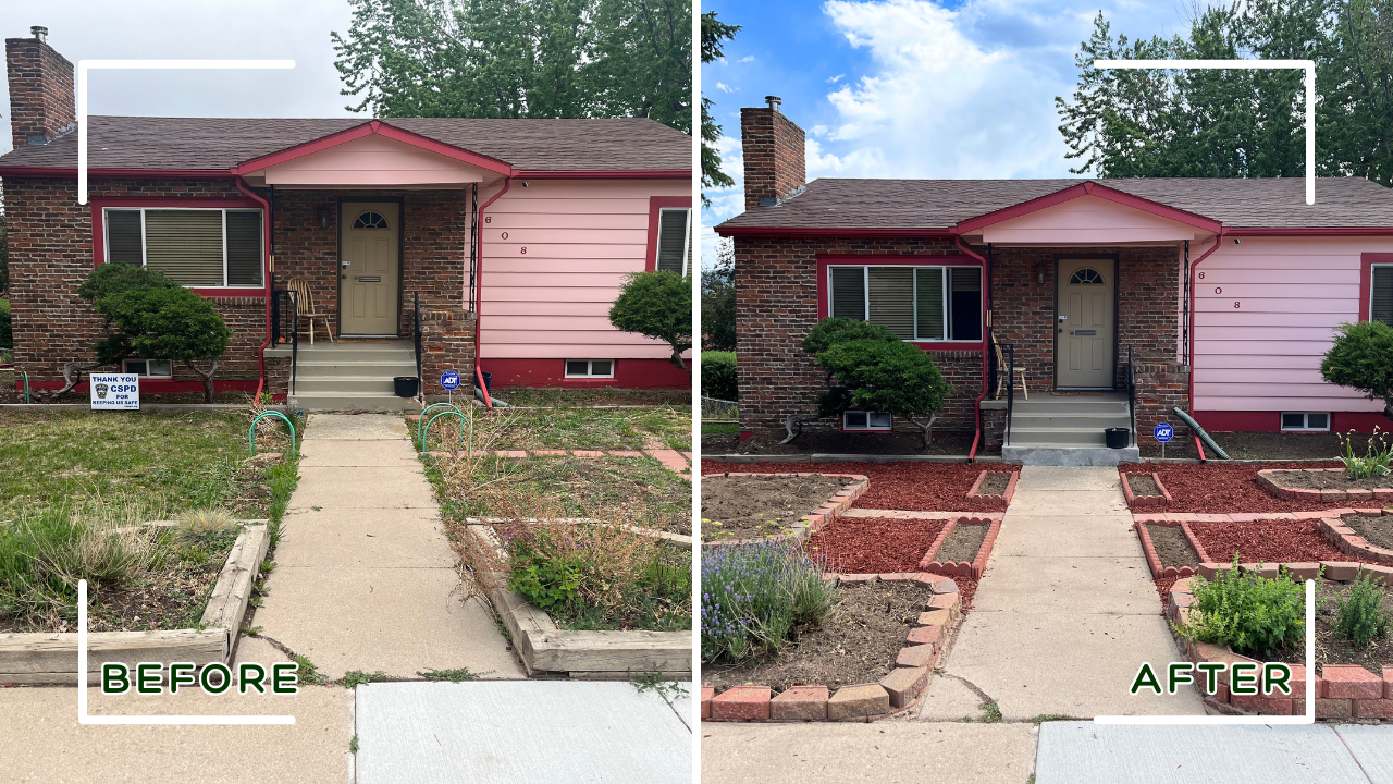 Side-by-side comparison of a house's front yard before and after landscaping. The left side shows a neglected yard with overgrown grass and sparse plants, while the right side features a well-maintained yard with trimmed bushes, fresh mulch, and edged garden beds.