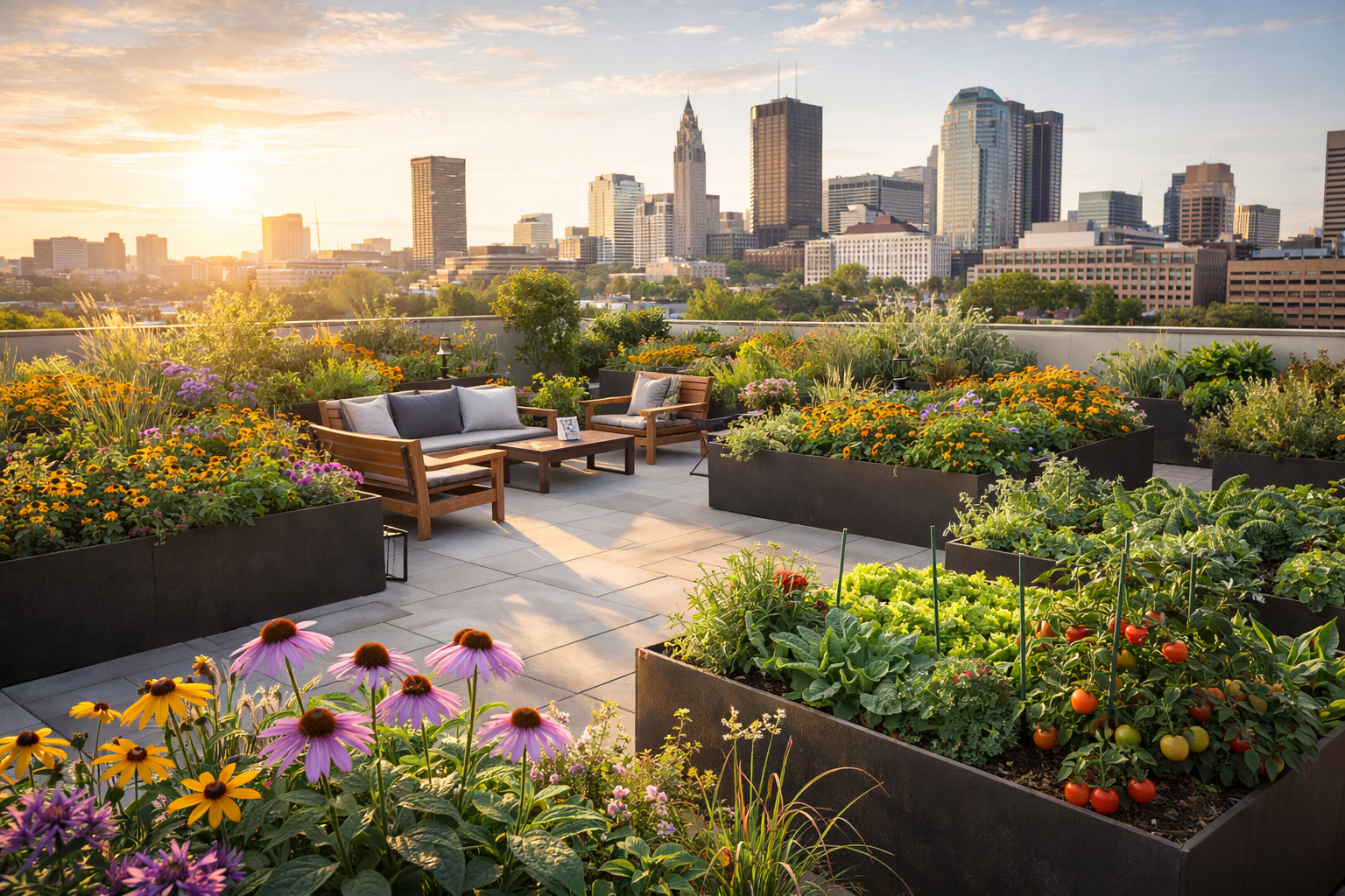 Rooftop garden with raised beds, colorful flowers, seating area, and a serene setting at sunset