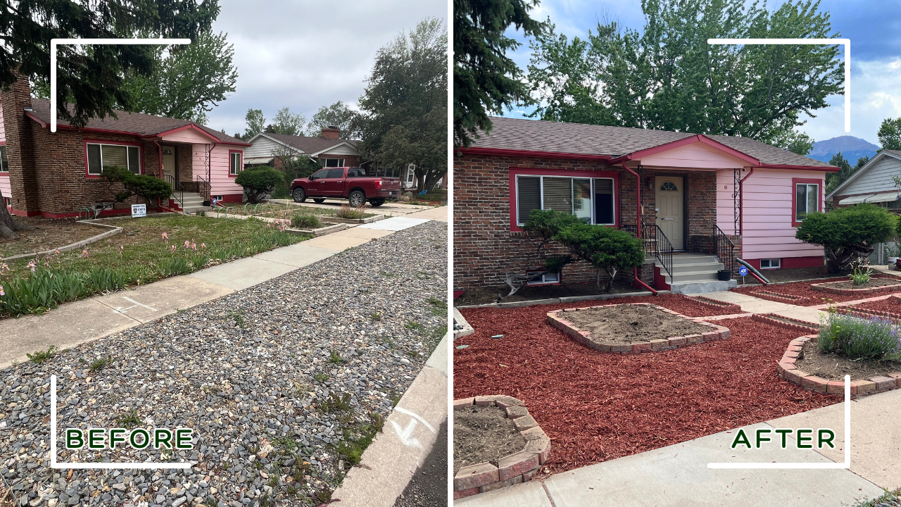 Side-by-side comparison of a house's front yard before and after landscaping. The 'before' shows a yard with gravel and sparse flowers, while the 'after' features a landscaped yard with red mulch, brick-bordered planting beds, and shrubbery.