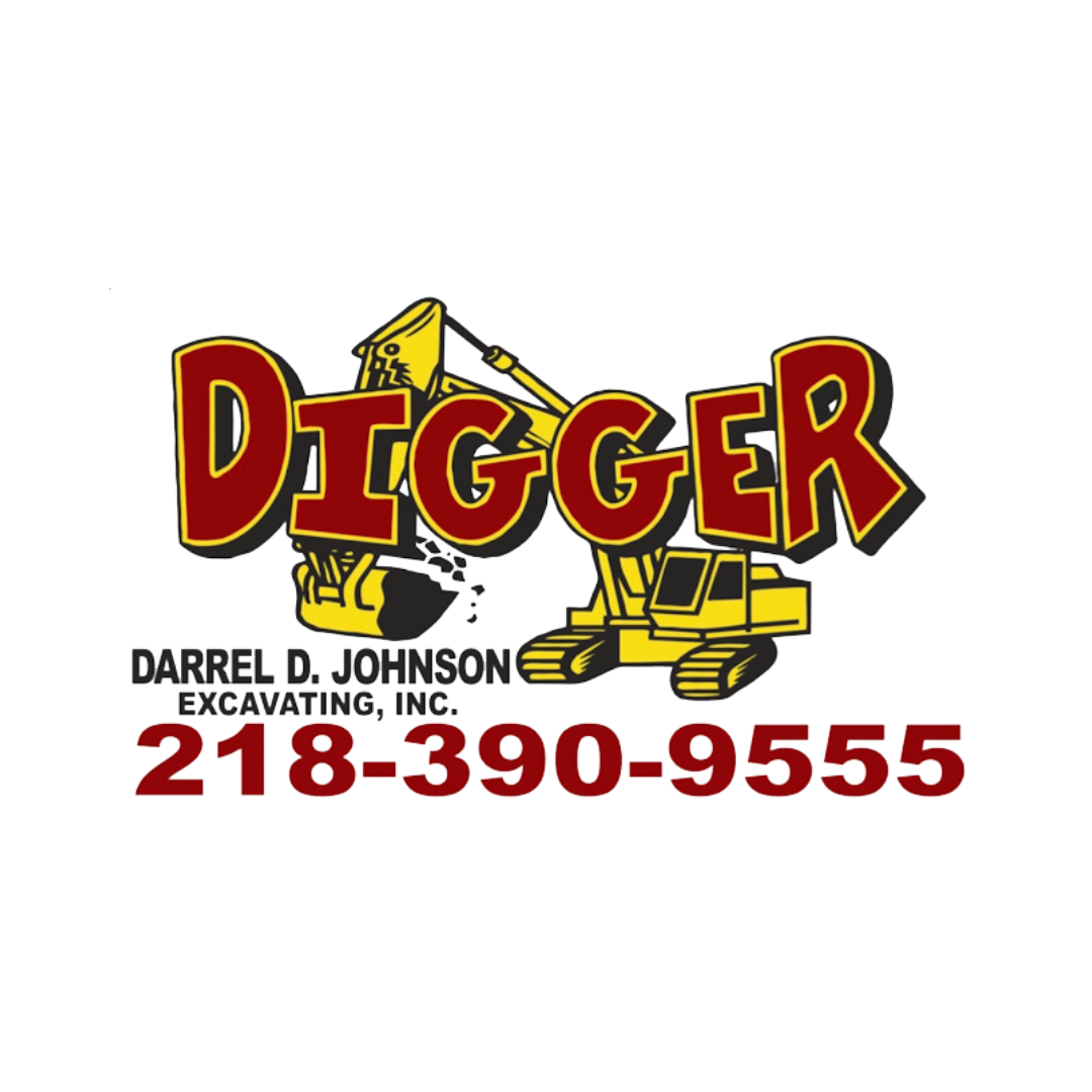 Business card for Diggler Excavating, Inc., featuring a yellow excavator graphic and the company name in bold red and yellow letters, with contact information and a phone number.