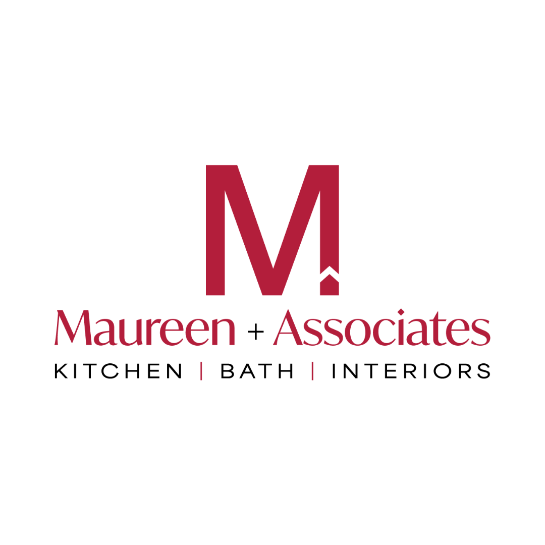 Maureen + Associates logo with large red 'M' and text indicating kitchen, bath, and interiors services.