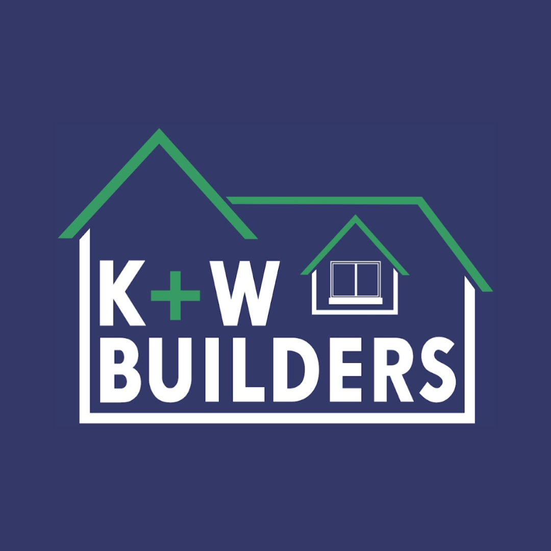 Logo for KW Builders with a house outline and window, featuring the company's name in white and green on a dark blue background.
