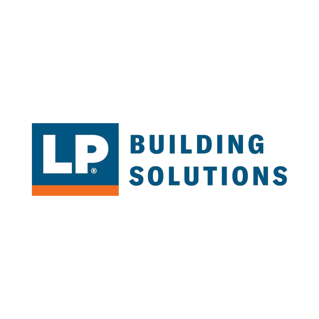 LP Building Solutions logo with blue square, orange underline, and text in blue.