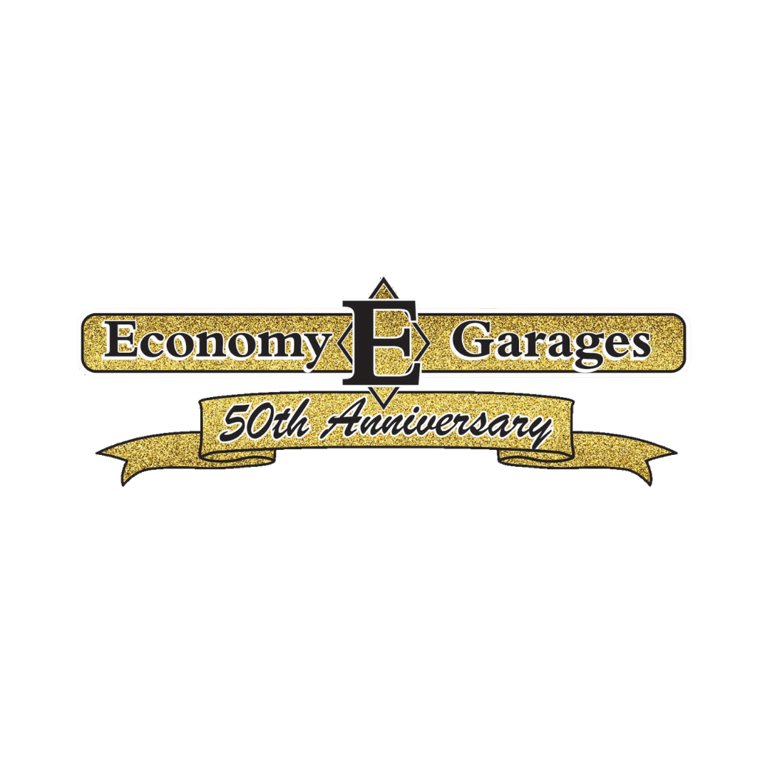 Logo for Economy Garages celebrating their 50th anniversary with a gold and black design.