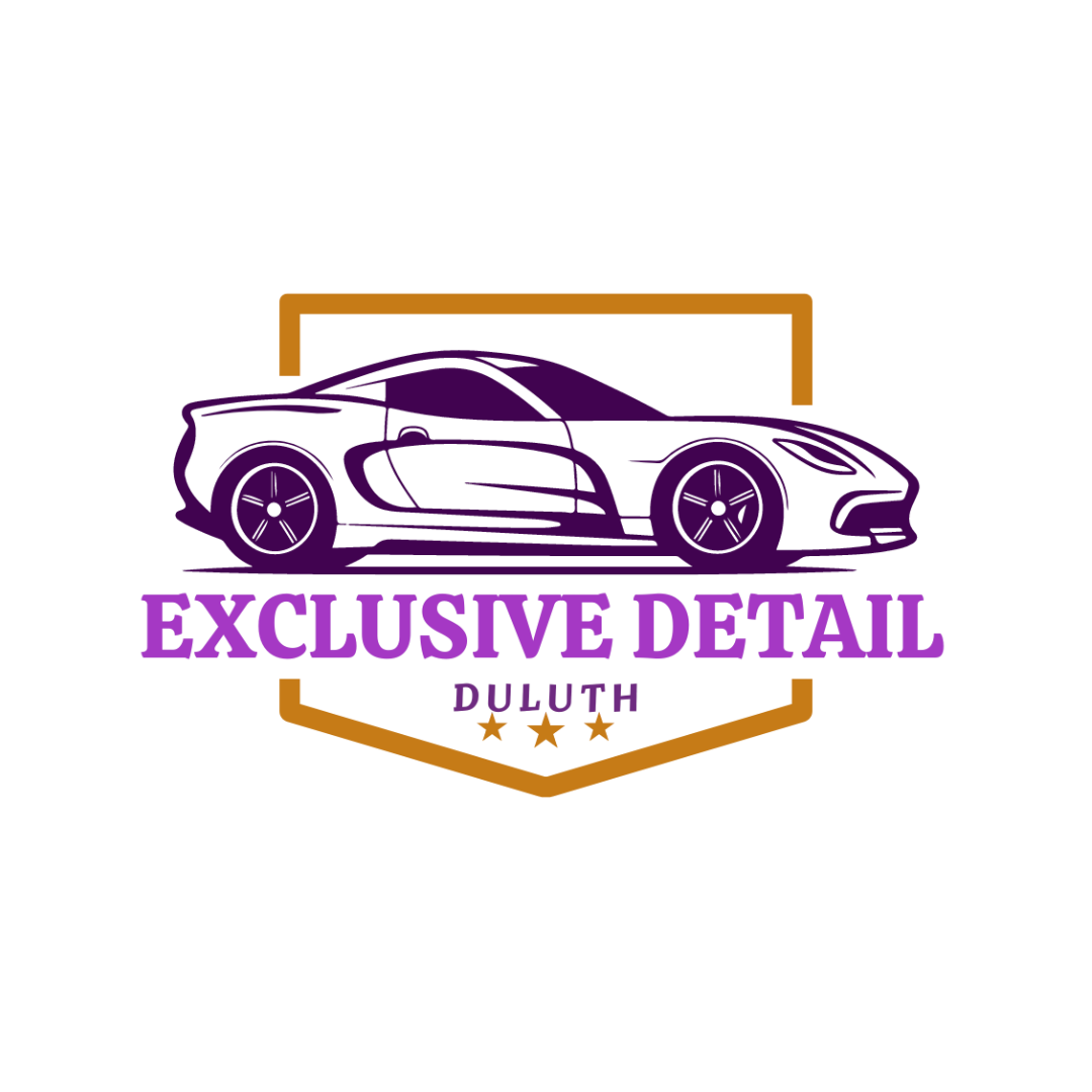 Logo with a stylized car illustration, the words "Exclusive Detail" in purple, "Duluth" in black, and three stars beneath, enclosed in a brown shield outline.