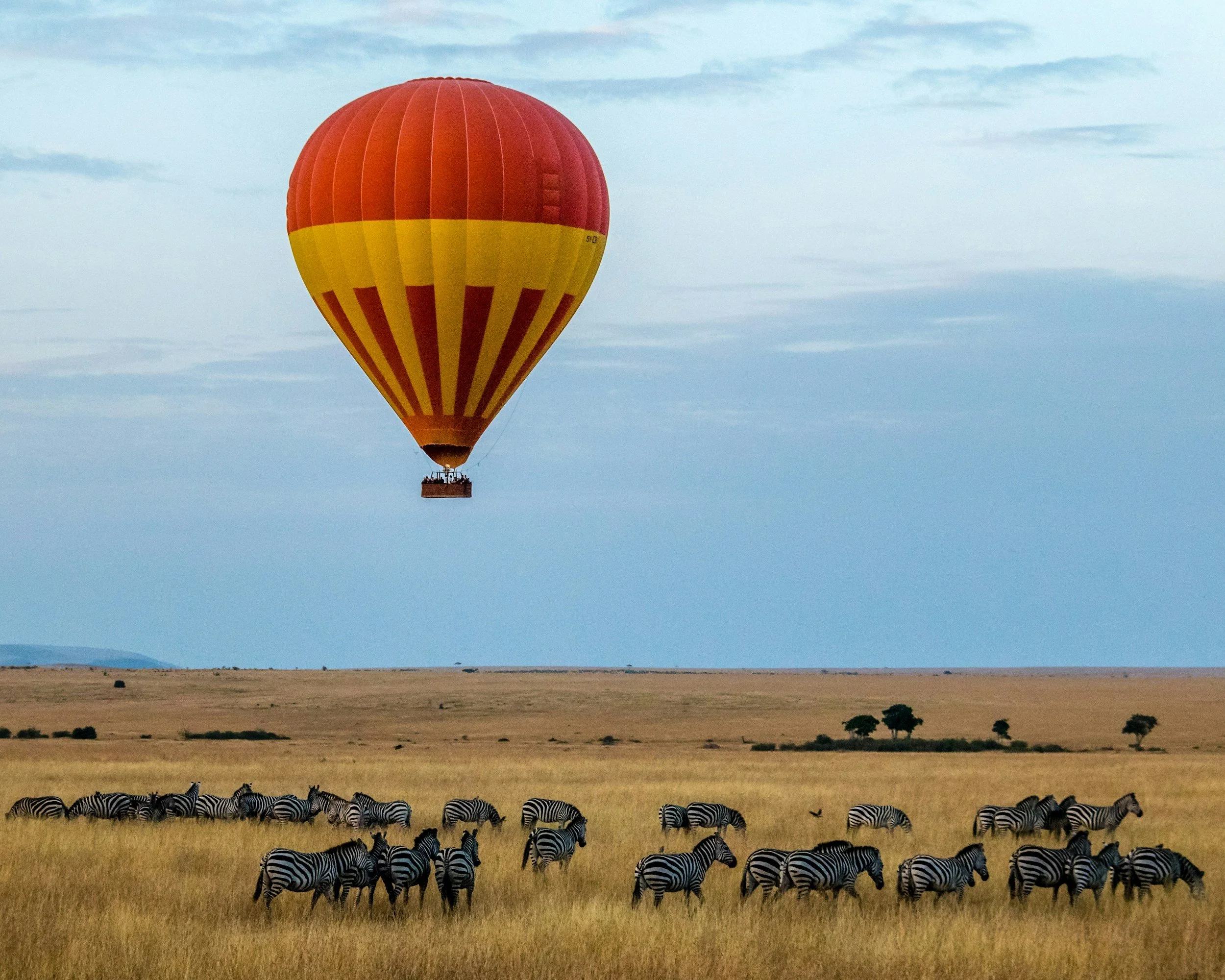 A hot air balloon with red and yellow stripes floating above a grassy plain with zebras grazing. The sky is partly cloudy.