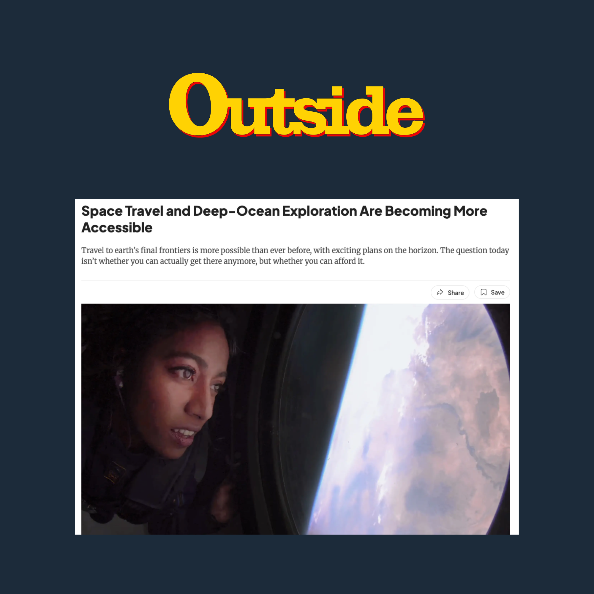 Woman floating in space, looking out the window at Earth with a starry background.