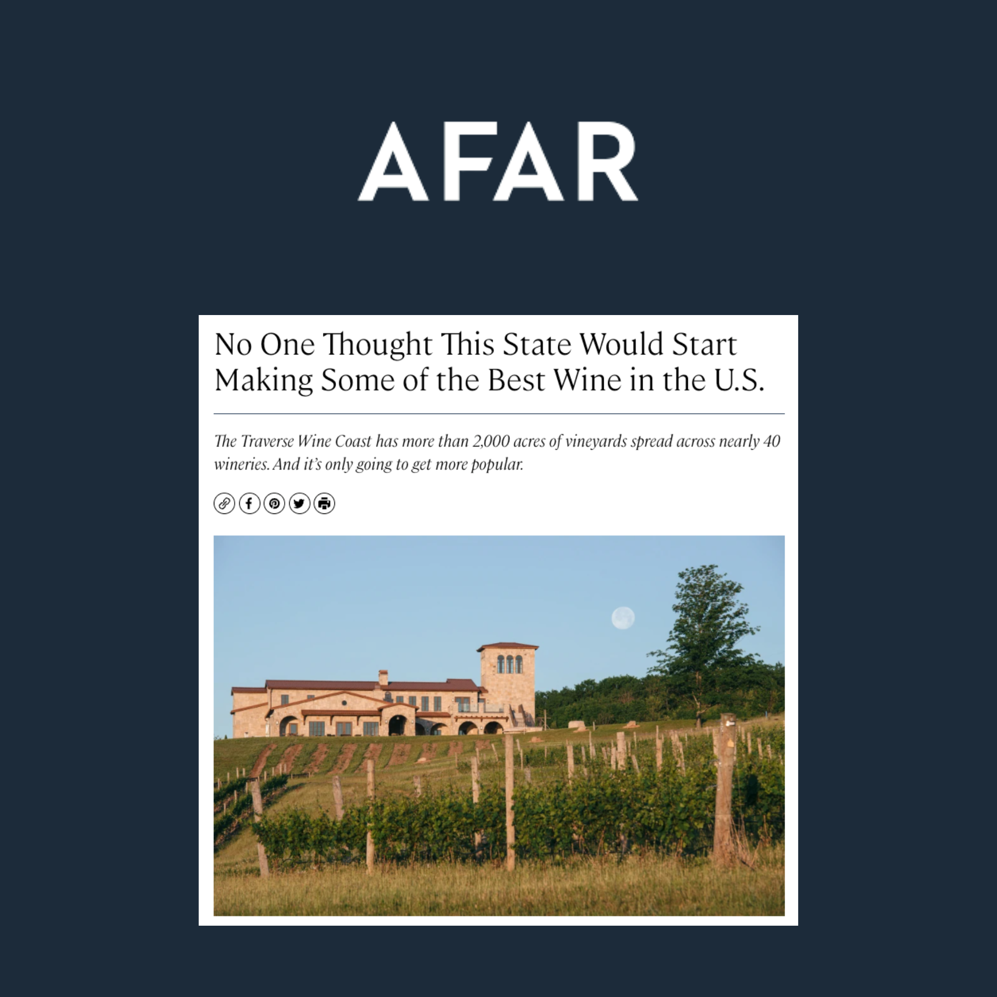 A hillside vineyard with rows of grapevines and a large stone building, under a clear sky with a visible full moon.