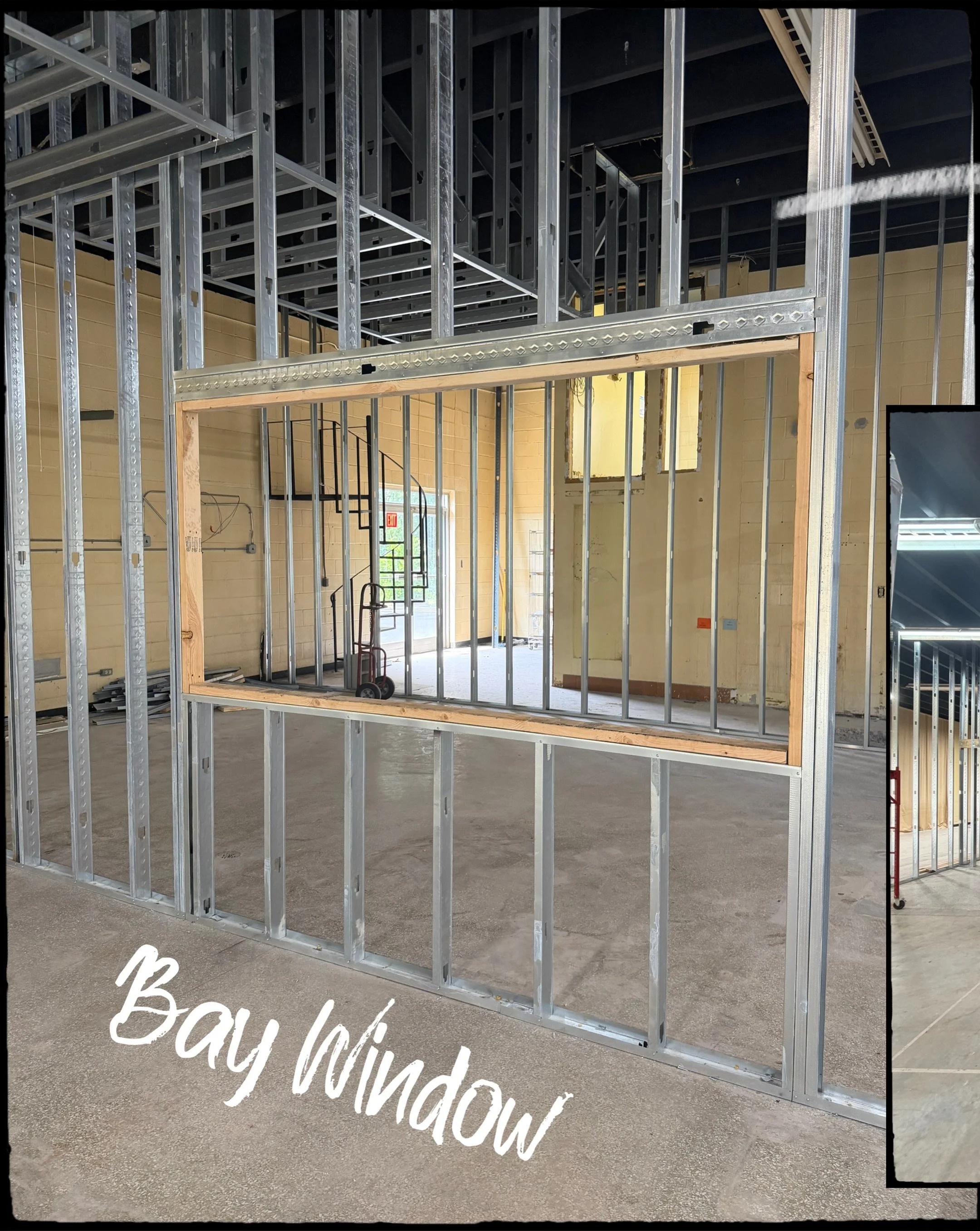 Bay window is framed out! 👀

Been a lot going on around the office lately. Bay 1 and 2 are completely framed out and the soffit was installed. This is going to help hold our electrical wiring and the duct work for the HVAC. It will also be a nice mo