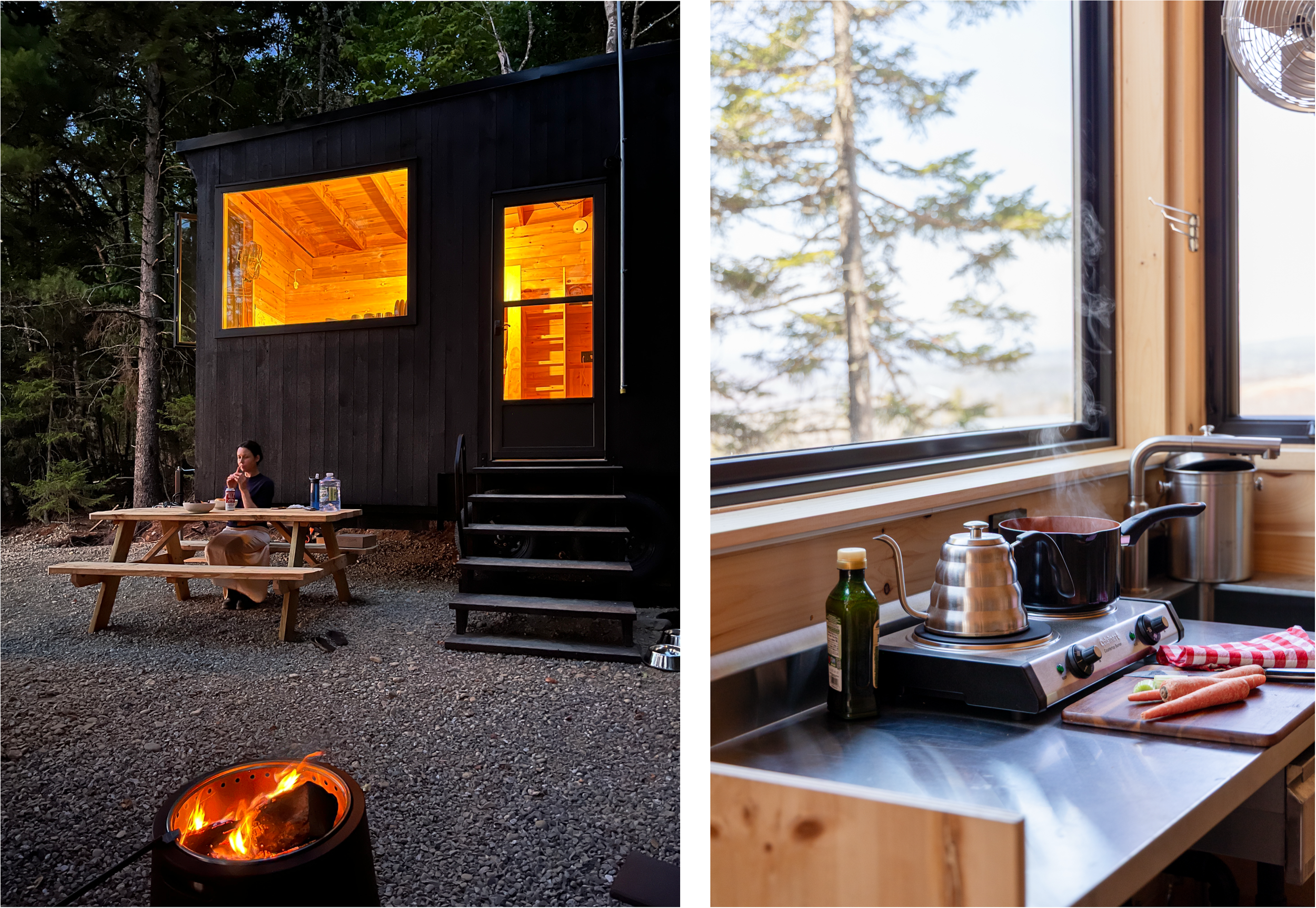 Part of a glamping cabin exterior with large windows, an outdoor dining table, and a fire pit with a small fire. The interior view shows a kitchen with a window, wooden countertop, stove, and utensils.