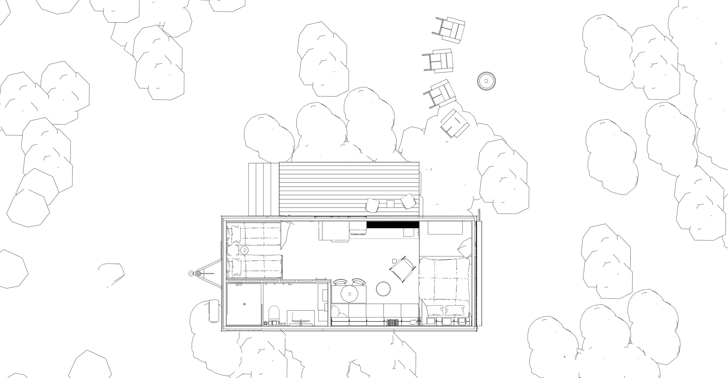 Architectural floor plan of a glamping cabin in Maine surrounded by trees, showing interior rooms, furniture, and outdoor deck.