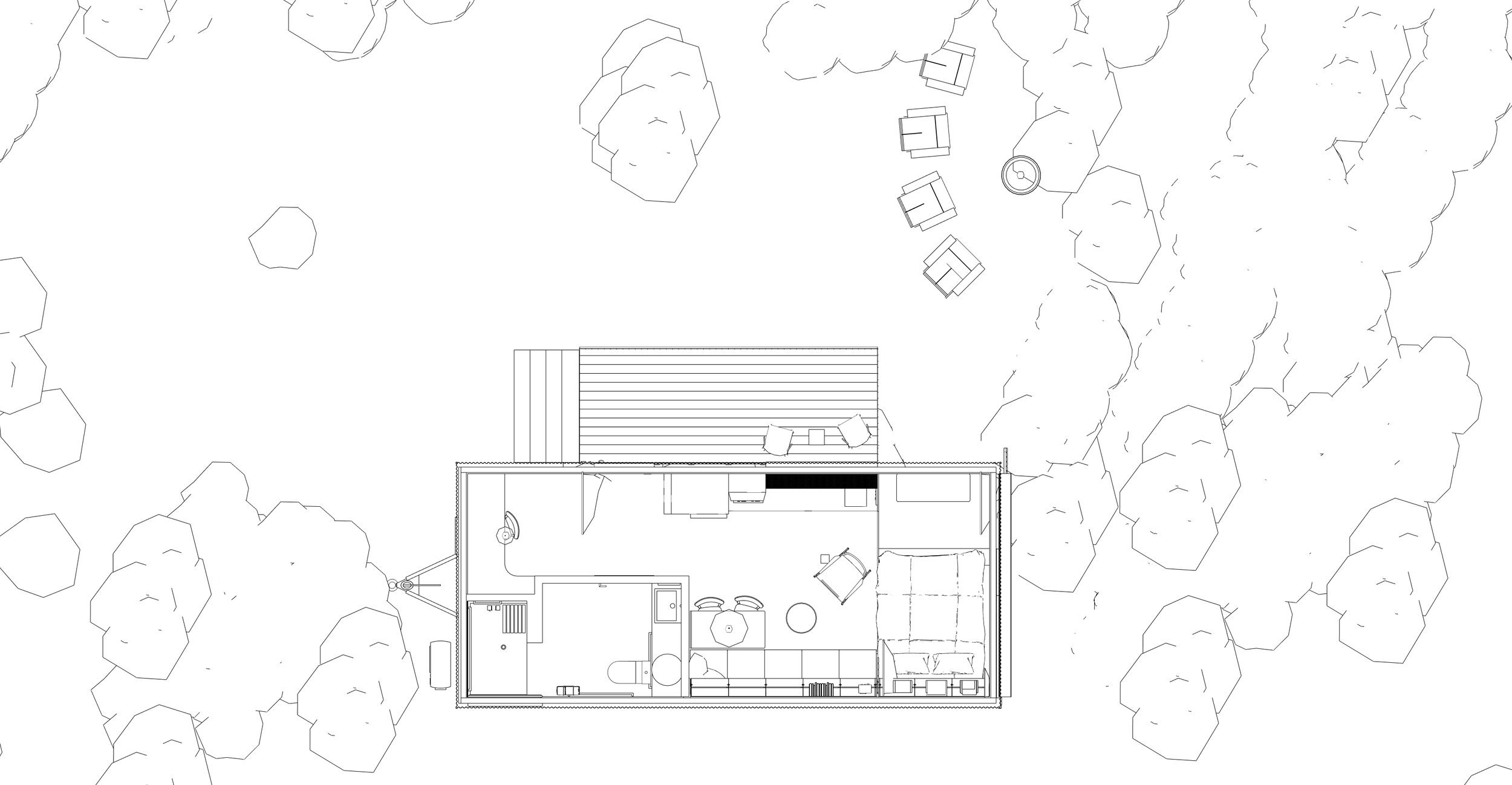 Architectural blueprint of a small house with surrounding trees, outdoor seating area with chairs and table, and patio space.