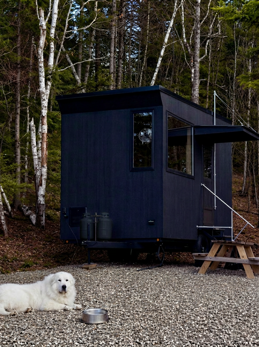 A black glamping cabin set in a wooded area with trees. There is a wooden step ladder leading to the door, and a white dog laying on a gravel ground with a metal food bowl nearby.