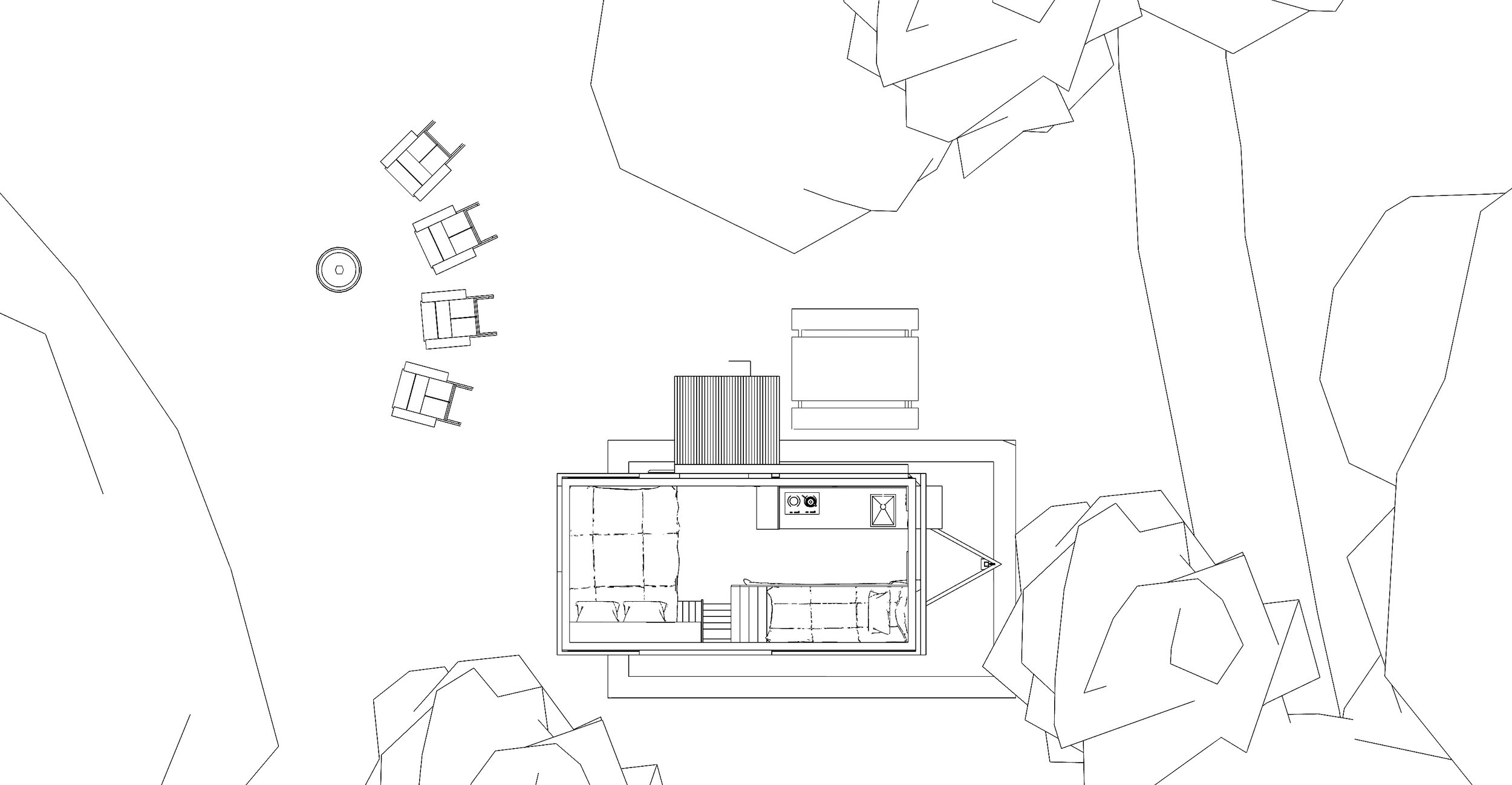 Line drawing of a glamping cabin floor plan, including a bedroom, kitchen, and outdoor seating area, surrounded by trees.