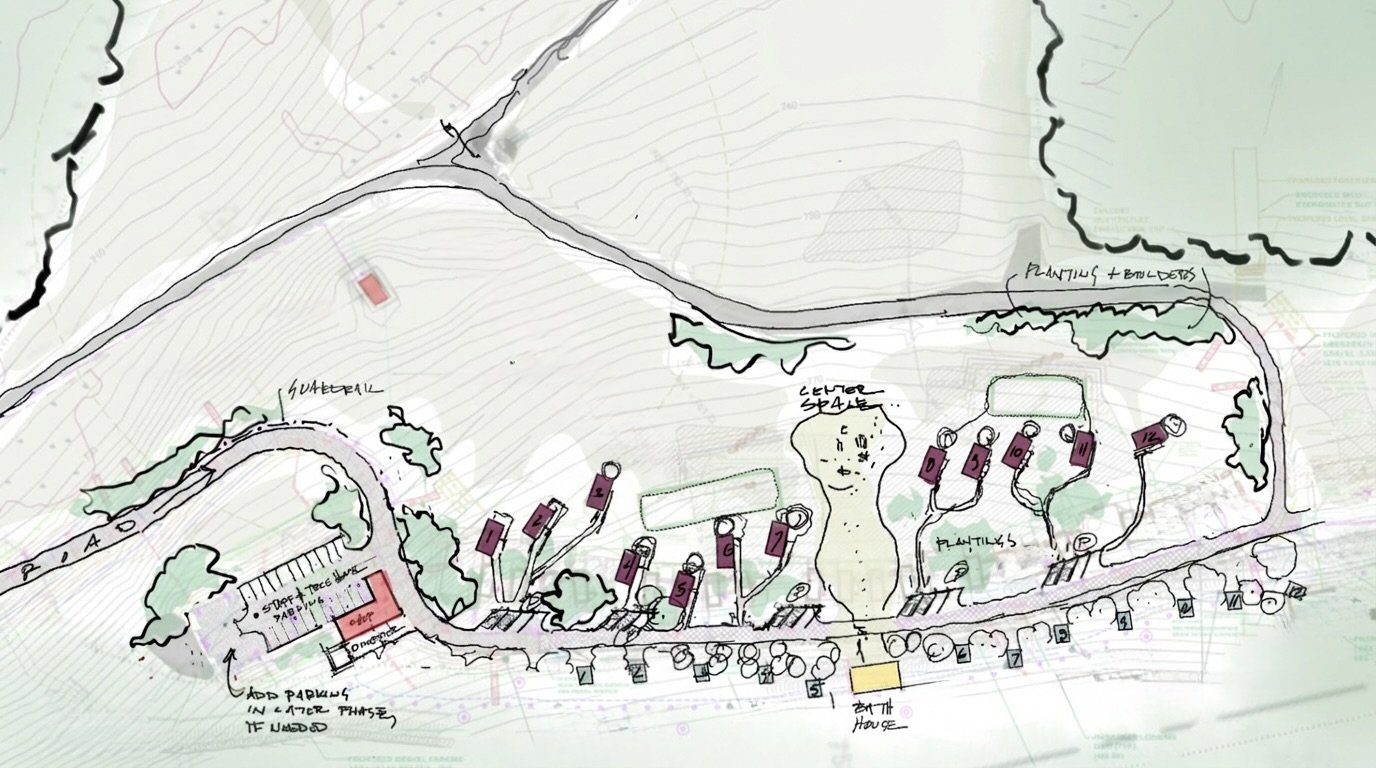 Landscape sketch of a garden or park plan showing pathways, plant beds, seating areas, playgrounds, and structures labeled with numbers and notes.