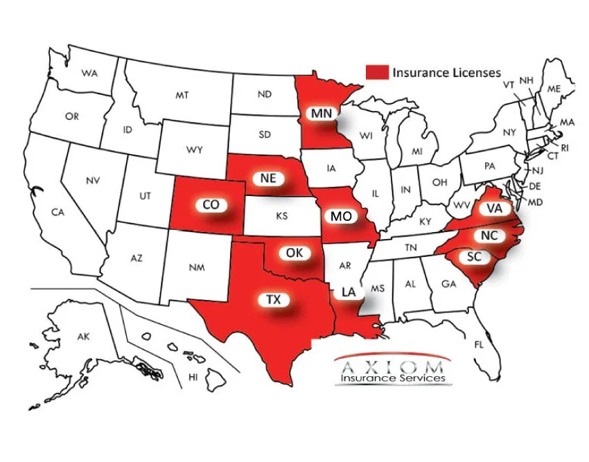 Map of the United States showing states with insurance licenses in red, including Minnesota, Nebraska, Colorado, Missouri, Oklahoma, Texas, Louisiana, Virginia, North Carolina, South Carolina, and Georgia.