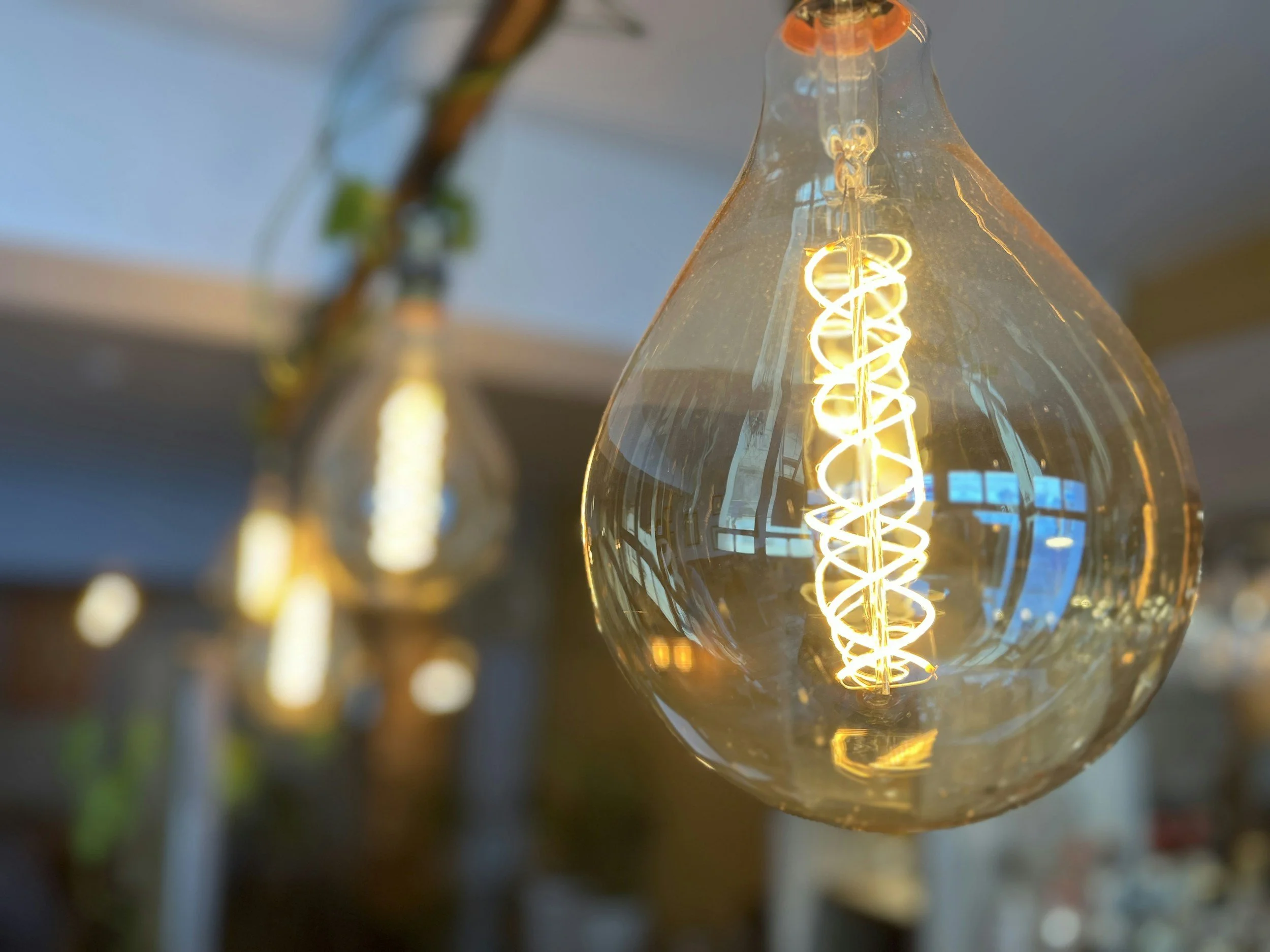 Close-up of a vintage Edison-style filament light bulb with a glowing filament, reflecting window and interior lights.