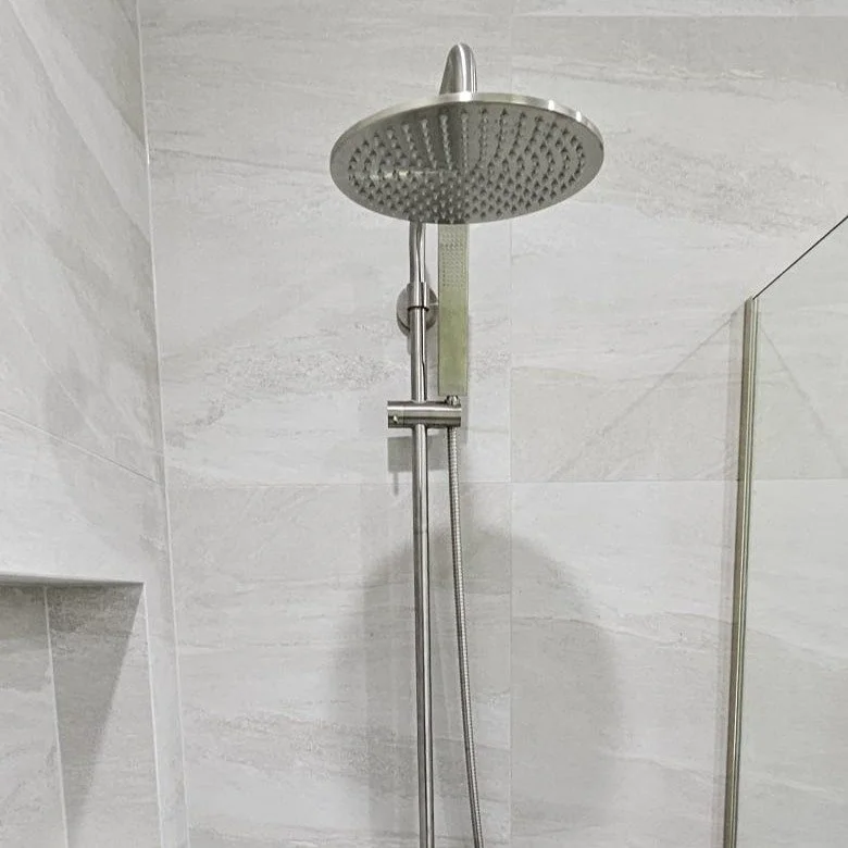 New Bathroom renovation with brushed nickel tapware and walk in shower #abiinteriors