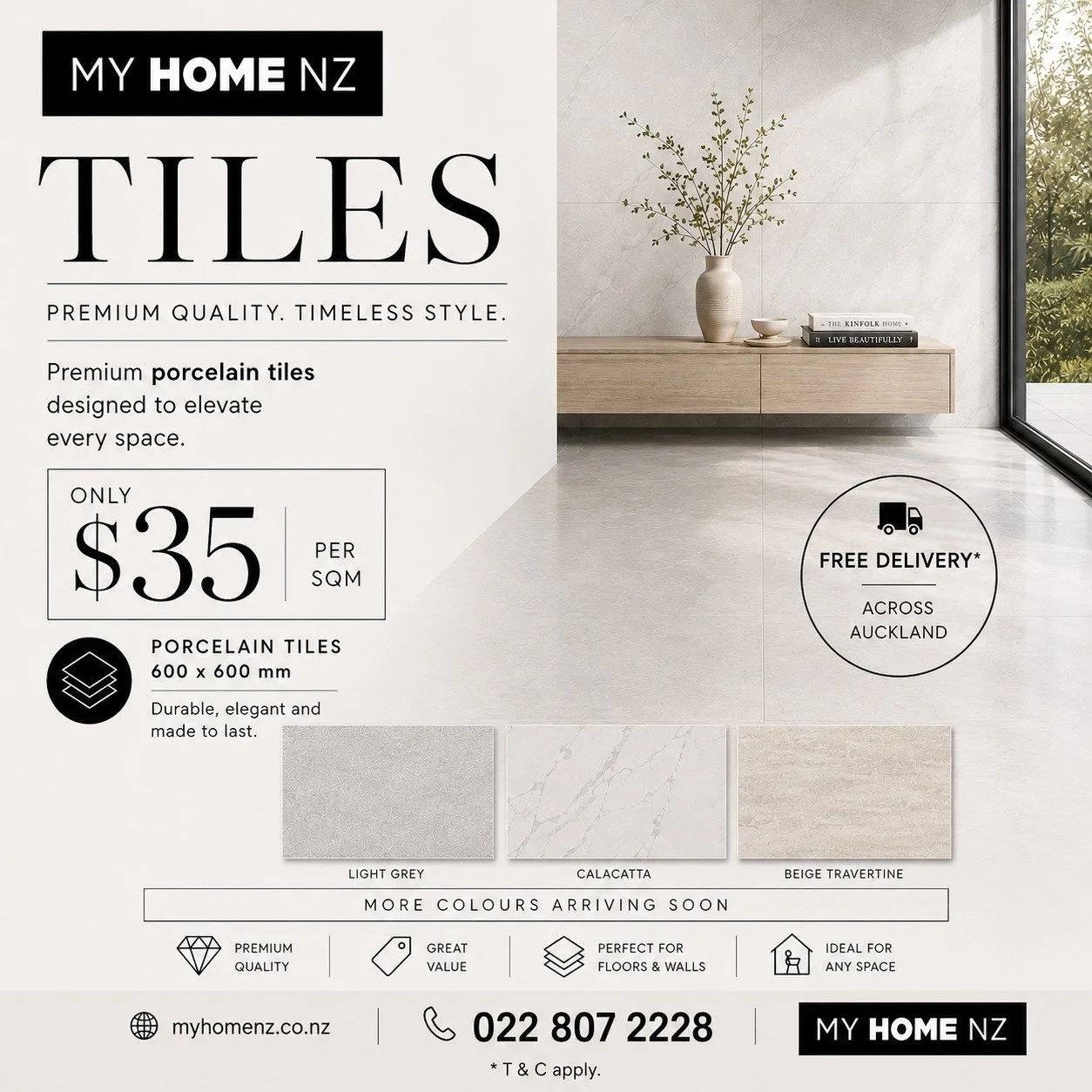 600mm x 600mm Porcelain Tiles &ndash; Only $35 per sqm 
Over 200 sqm available &ndash; perfect for larger projects!

Upgrade your space with these high-quality porcelain tiles.
✔️ Modern, stylish finish
✔️ Durable and easy to maintain
✔️ Ideal for ba