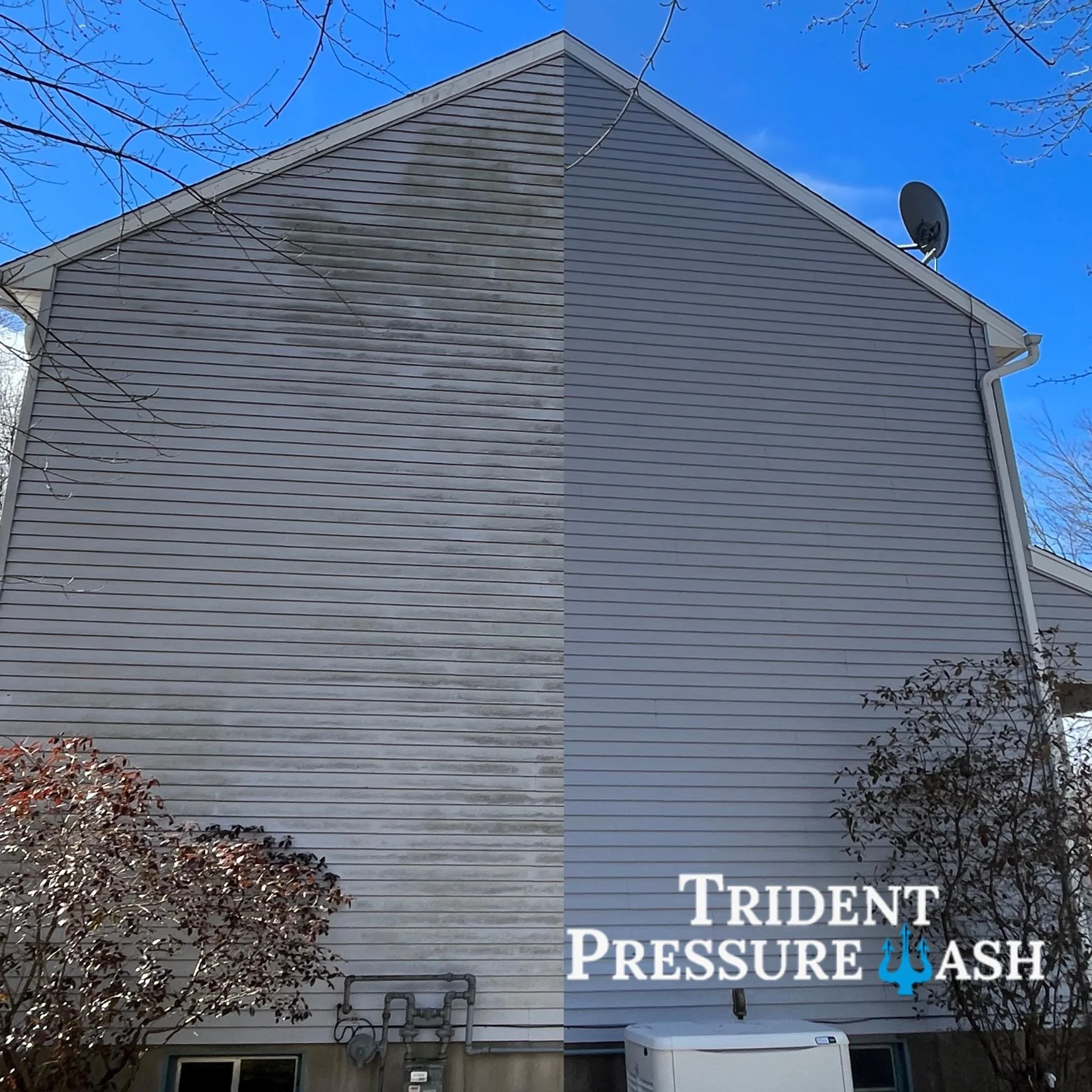 Side of a house with vinyl siding showing before and after pressure washing, with a tree and satellite dish visible at the top.