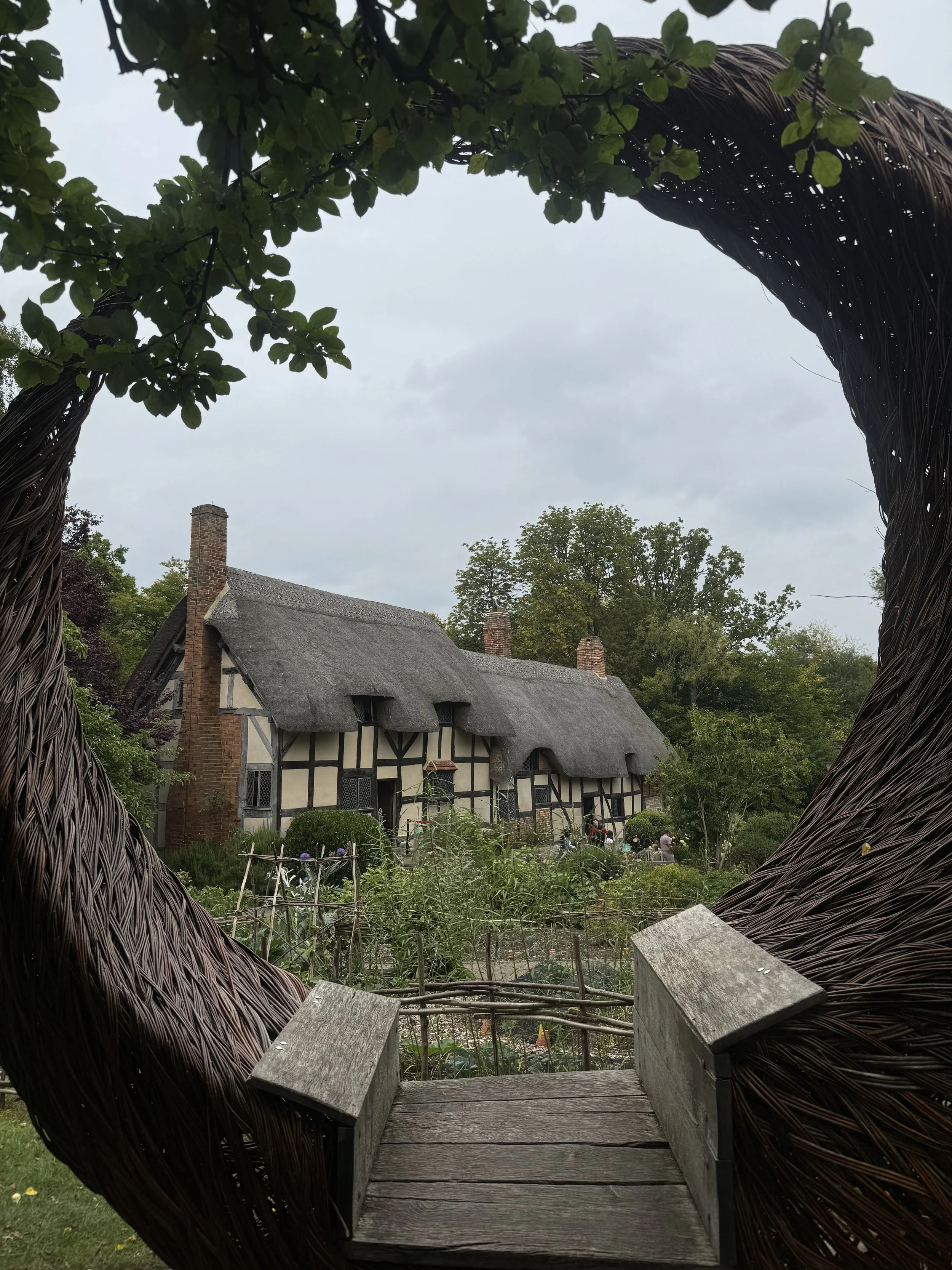 A picturesque thatched cottage with black and white timber framing, surrounded by lush greenery and a garden, viewed through a large woven nest-shaped wooden structure.