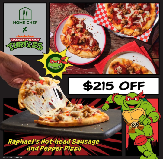 A slice of sausage pizza is being pulled with the cheese stretching as a hand picks up the slice.  Teenage mutant ninja turtles recipe, home chef brand.