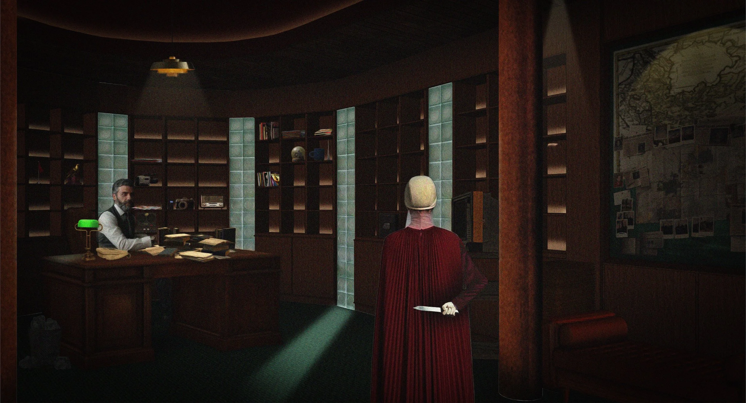 A dimly lit room with a man sitting at a desk and a woman with a cape, possibly a mannequin, standing in front of him, surrounded by bookshelves and a large map on the wall.