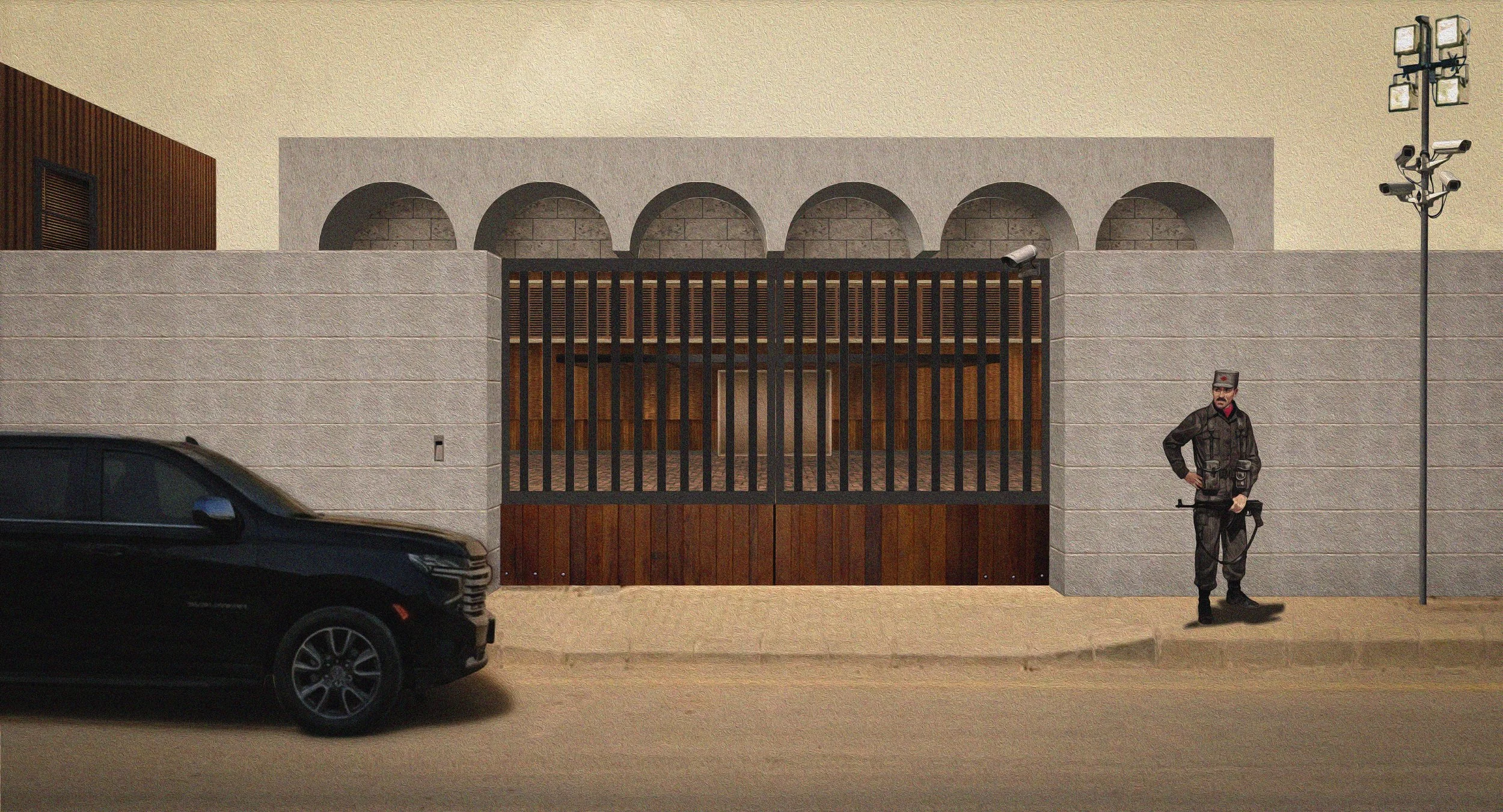 A modern residential building with a tall brick wall and a gated entrance. A security guard stands next to a tall pole with security cameras and lights. A black car is partially visible on the street.