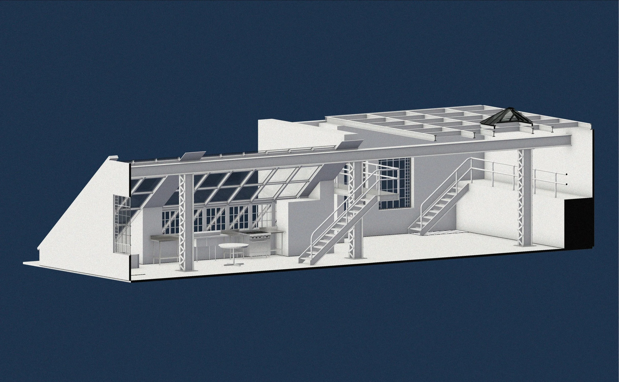 A digital architectural model of a modern, multi-level rooftop terrace with stairs, glass windows, and a small covered area, set against a dark background.