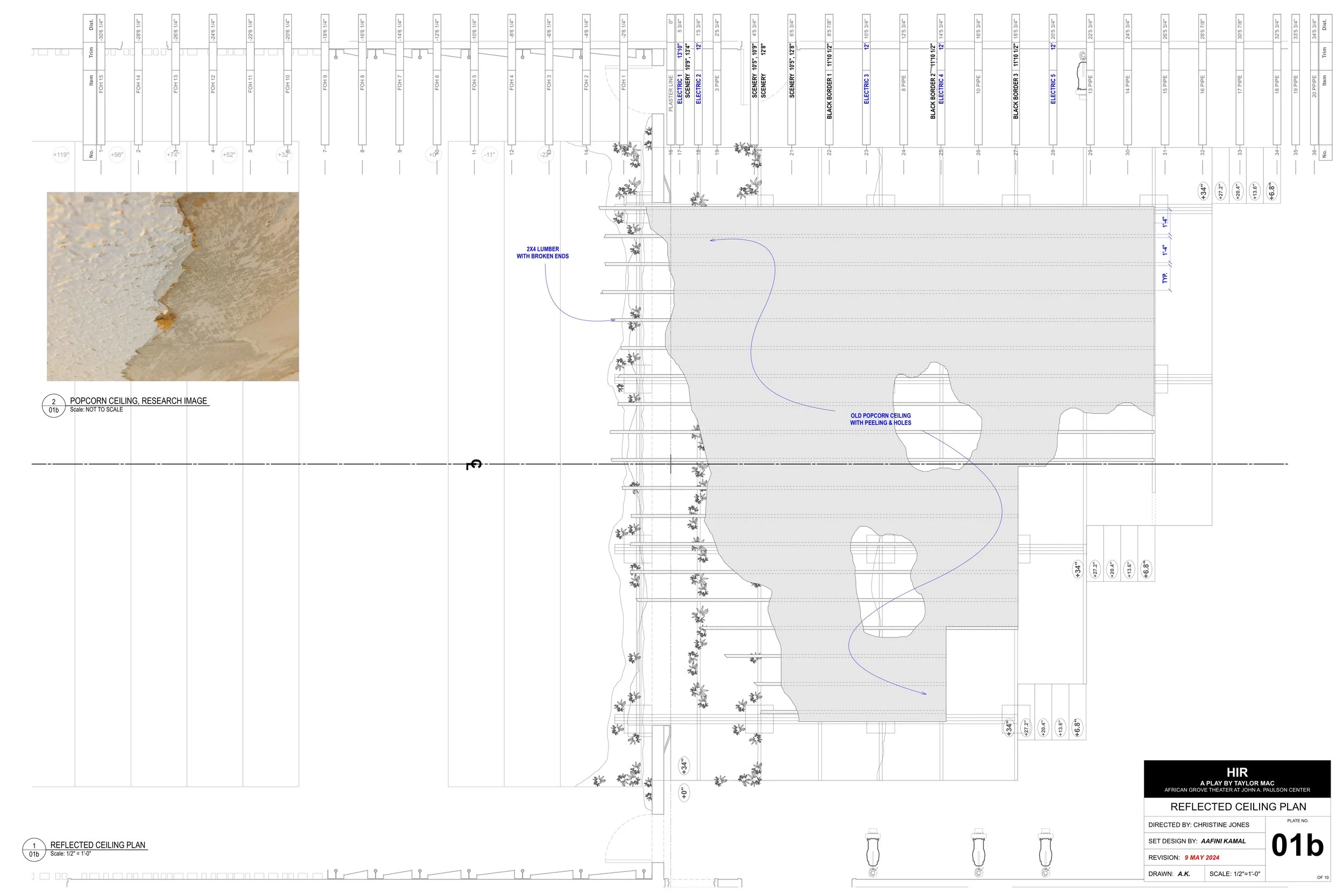 A reflected ceiling plan for the African Grove Theater at John A. Paulson Center, showing various lighting fixtures, ceiling details, and a research image of popcorn ceiling texture. The plan includes labels for lighting types, ceiling heights, and c