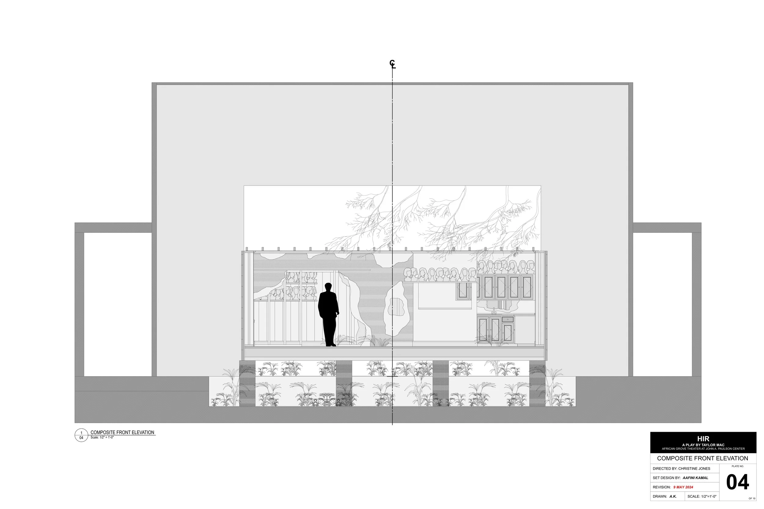 Architectural drawing of a front elevation of a building, featuring an interior with a person, trees, and detailed design elements.