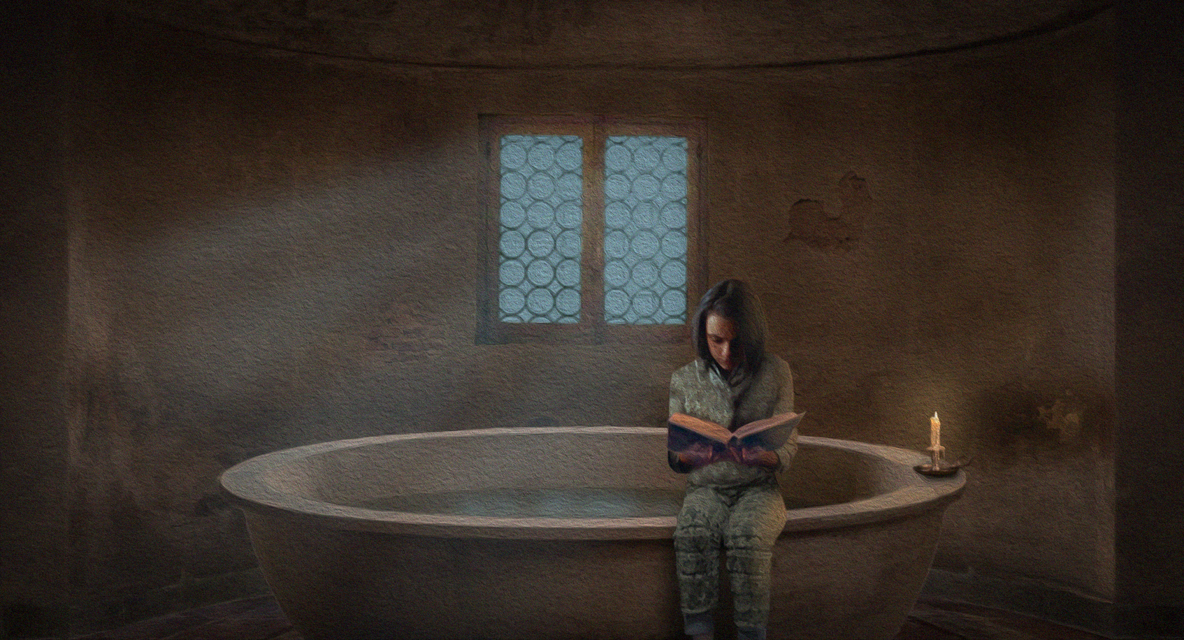 A woman in military uniform sitting on the edge of a large, white, oval-shaped bathtub, reading a book. There is a small lit candle on a candlestick beside her. The room has a small window with a geometric patterned design, and the walls are plain wi