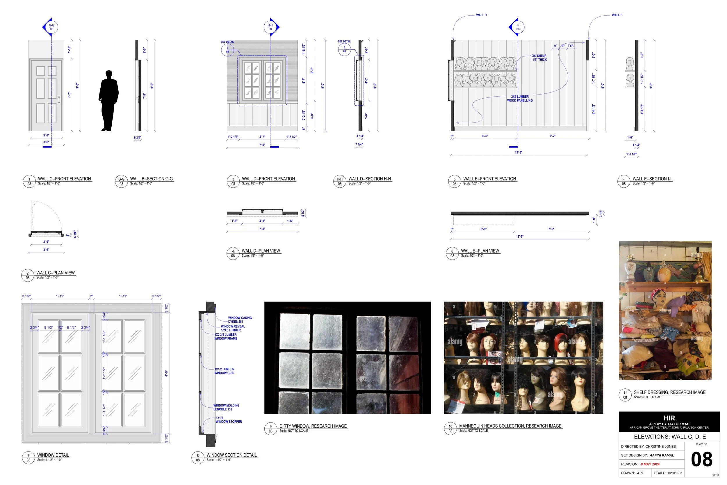 Architectural blueprint for a building, showing elevation and section views of walls, window details, and a shelf dressing research image in a store display with mannequin heads.