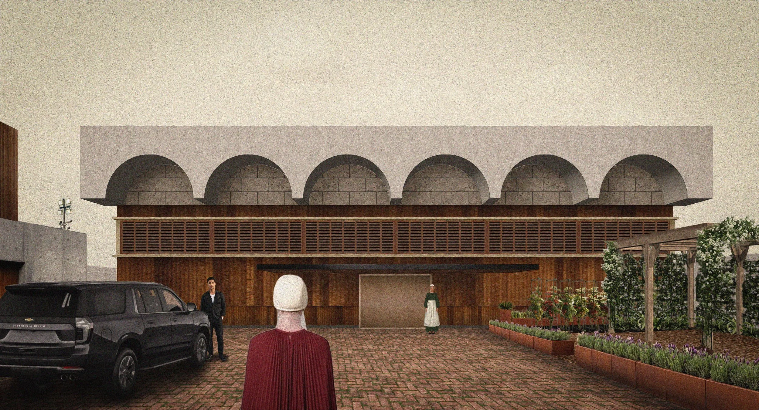 A modern building with a large, rectangular, stone arch structure on top of a wooden facade. In front of the building, there are two women standing on a brick-paved courtyard, a man walking, and a parked black SUV. There are also some plants and flow