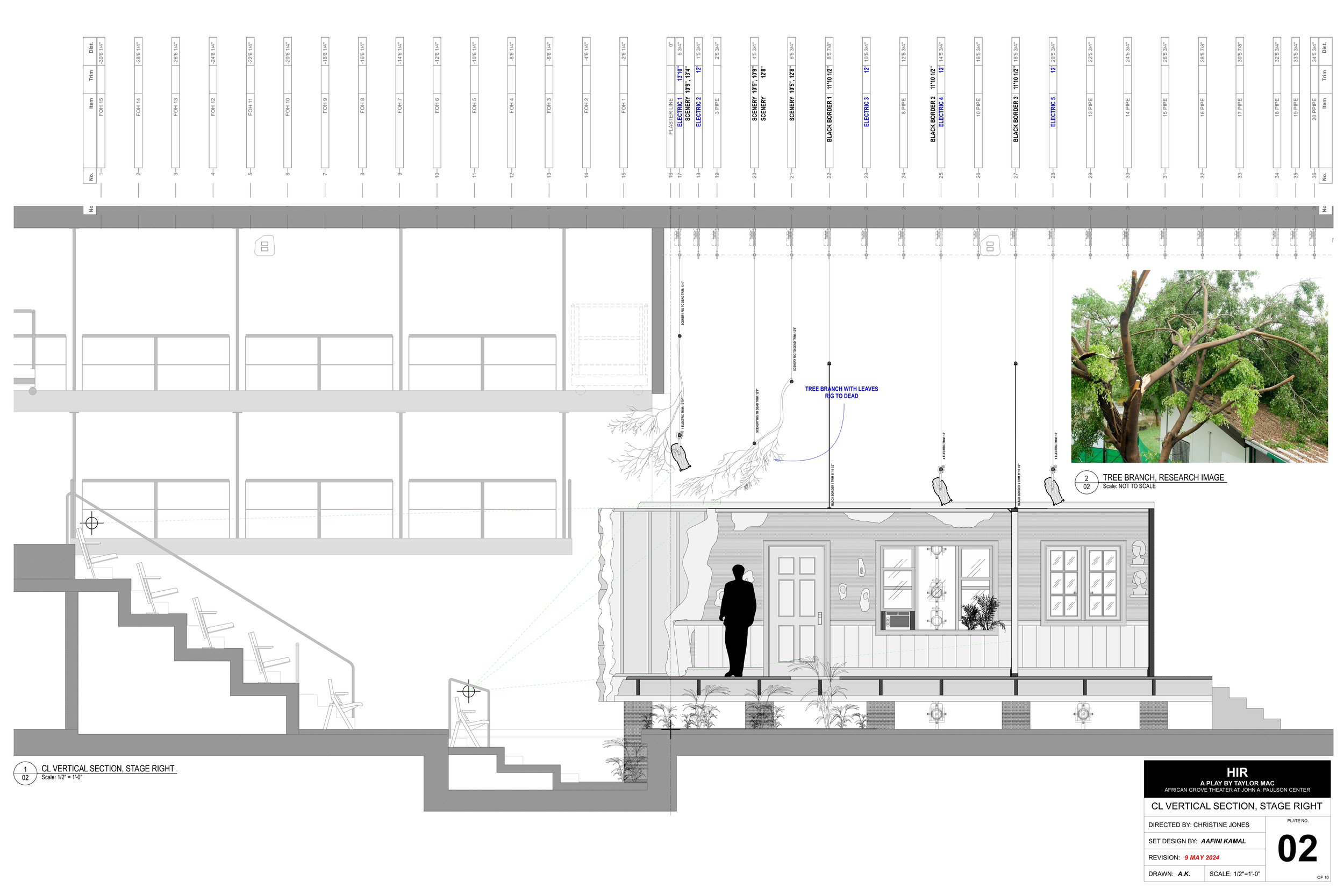 Blueprint section of a stage set design for a theater production, featuring a large tree with branches and leaves, a scene labeled 'Tree Branch with Leaves RIG to Dead,' and a silhouette of a person standing in a room with windows and doors.