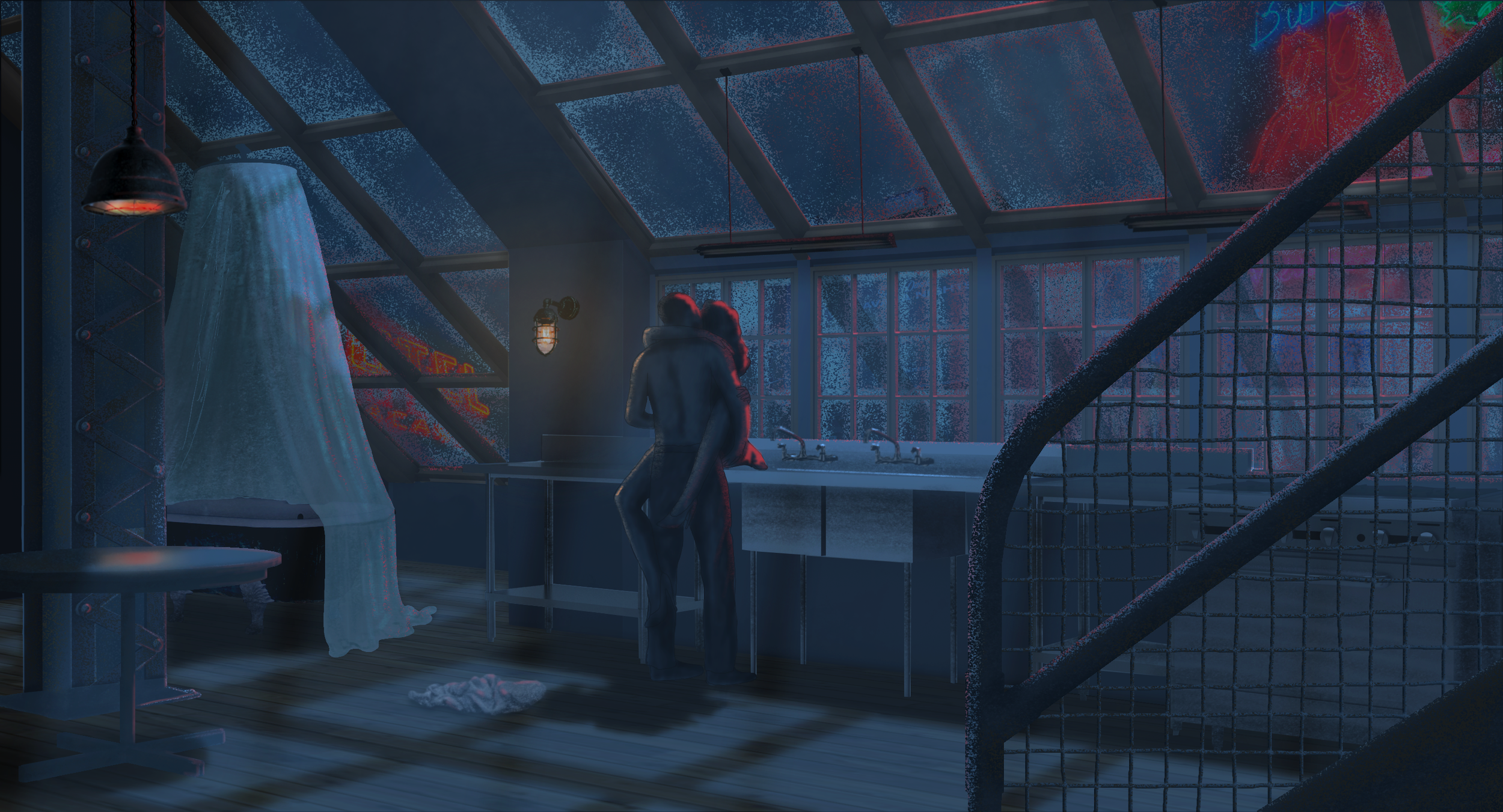 A romantic scene inside a greenhouse with a couple embracing near a sink. The greenhouse features large windows, a glass roof, and various plants with a rainstorm visible outside. The interior has industrial elements like a metal staircase and hangin