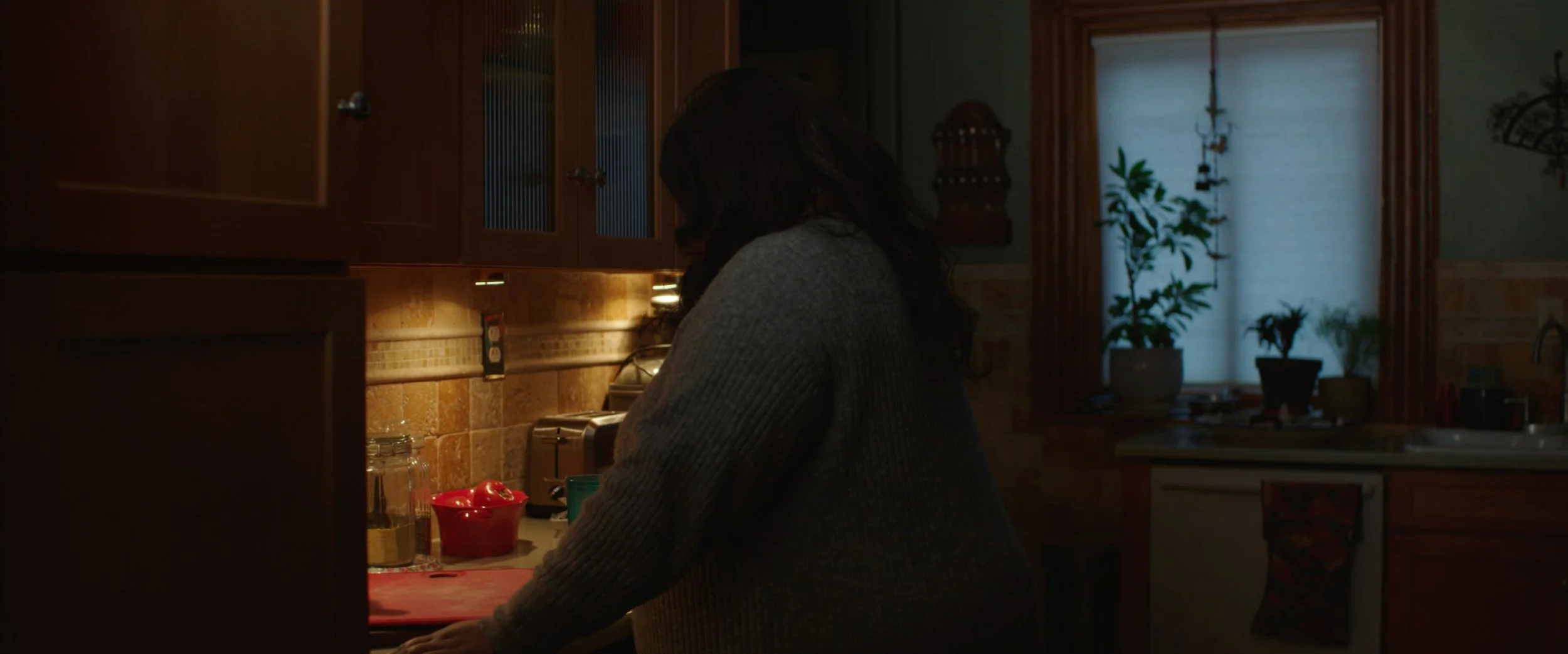 A woman with dark hair in a gray sweater standing in a dimly lit kitchen near a counter with red and green bowls, with a window and potted plants in the background.