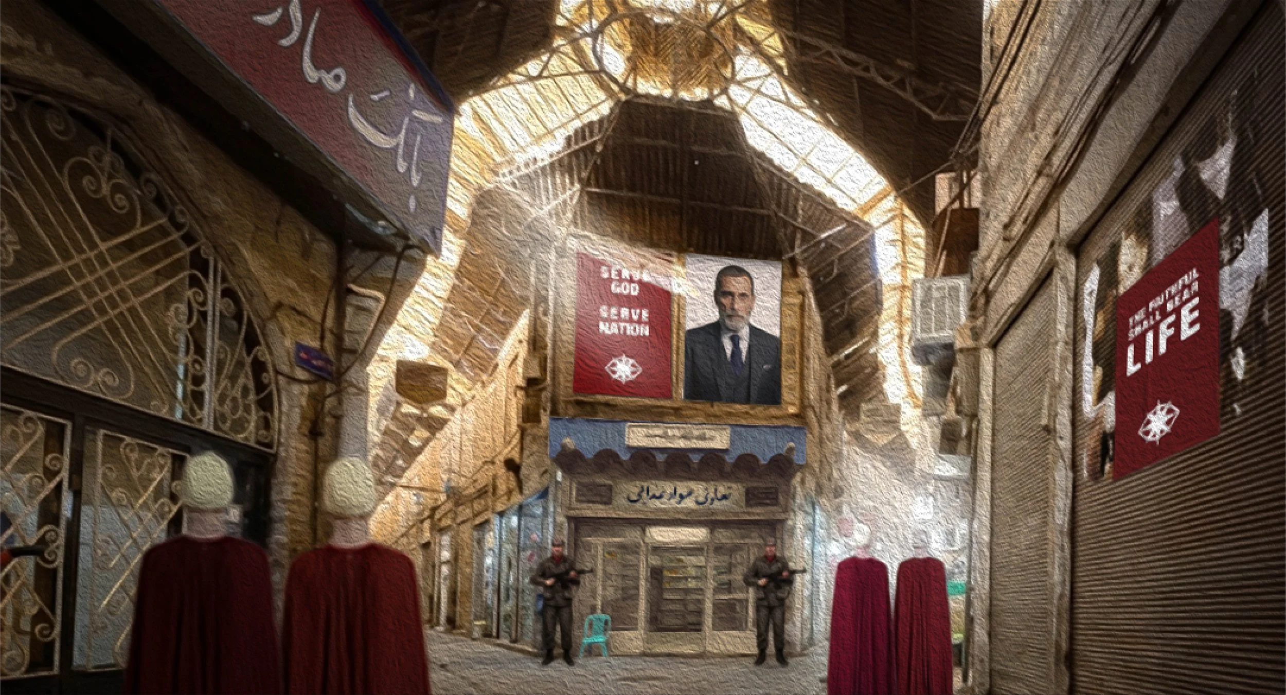 Indoor market or bazaar with stone walls and wooden ceilings, decorated with posters including a large portrait of a man in a suit and tie, and slogans such as "Serve God, Serve Nation" and "Life." There are mannequins draped in red cloth at the fron