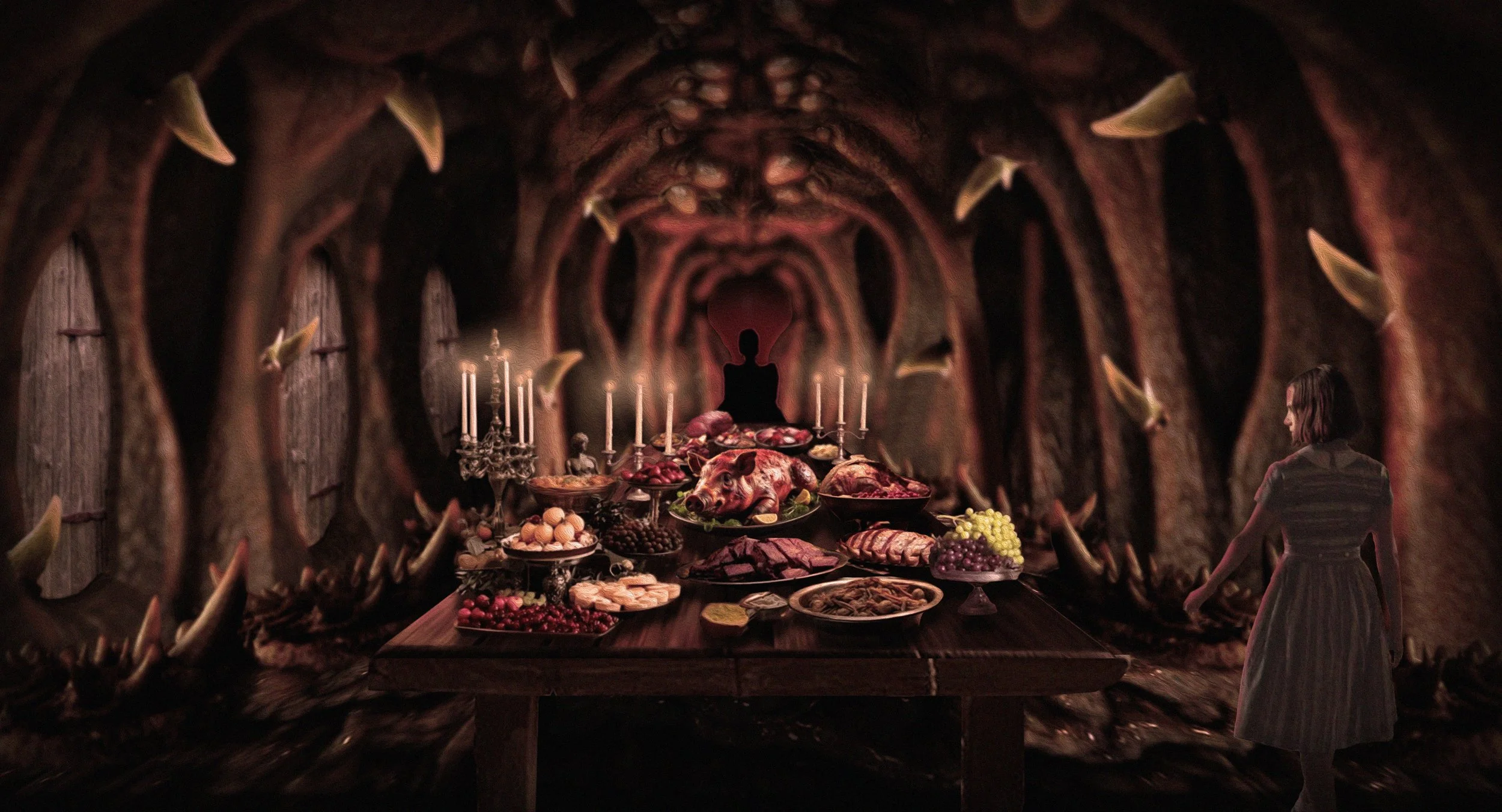 A fantasy scene of a banquet table inside a dark, cavernous space with dragon-like teeth lining the walls and ceiling. The table is filled with various meats, fruits, and desserts, and a woman with brown hair and a striped dress stands at the end, fa