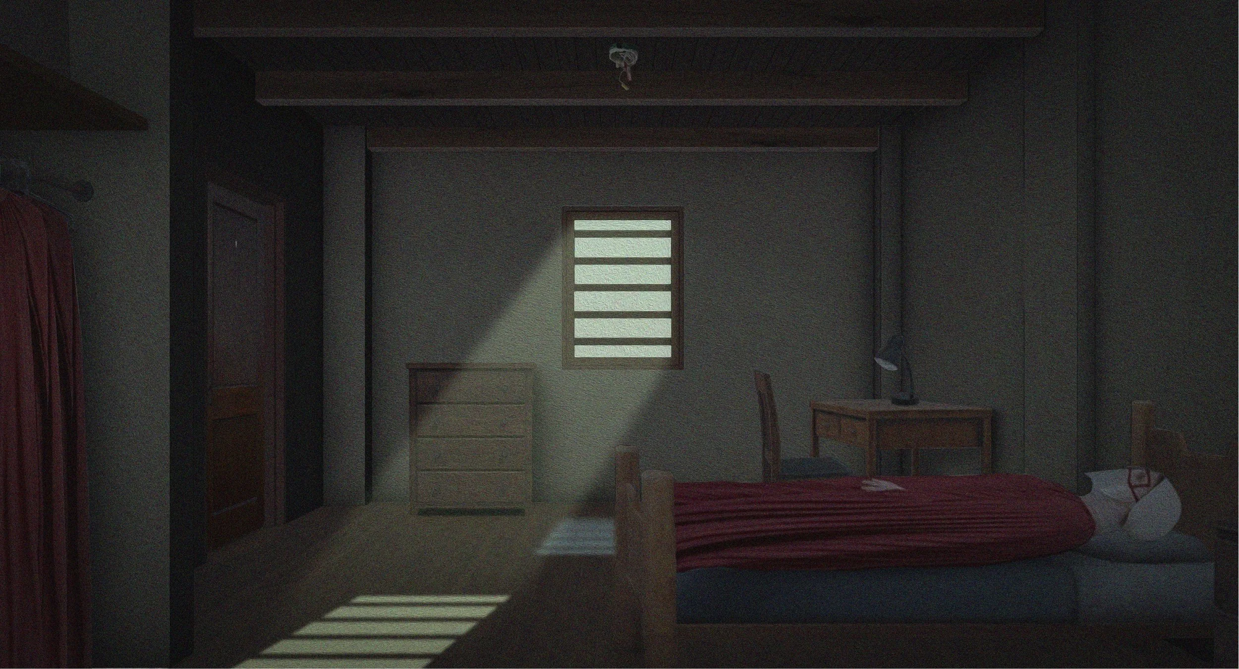 A dimly lit bedroom with a window letting in sunlight, a bed with a red blanket, a wooden dresser, a desk with a lamp, and a chair.