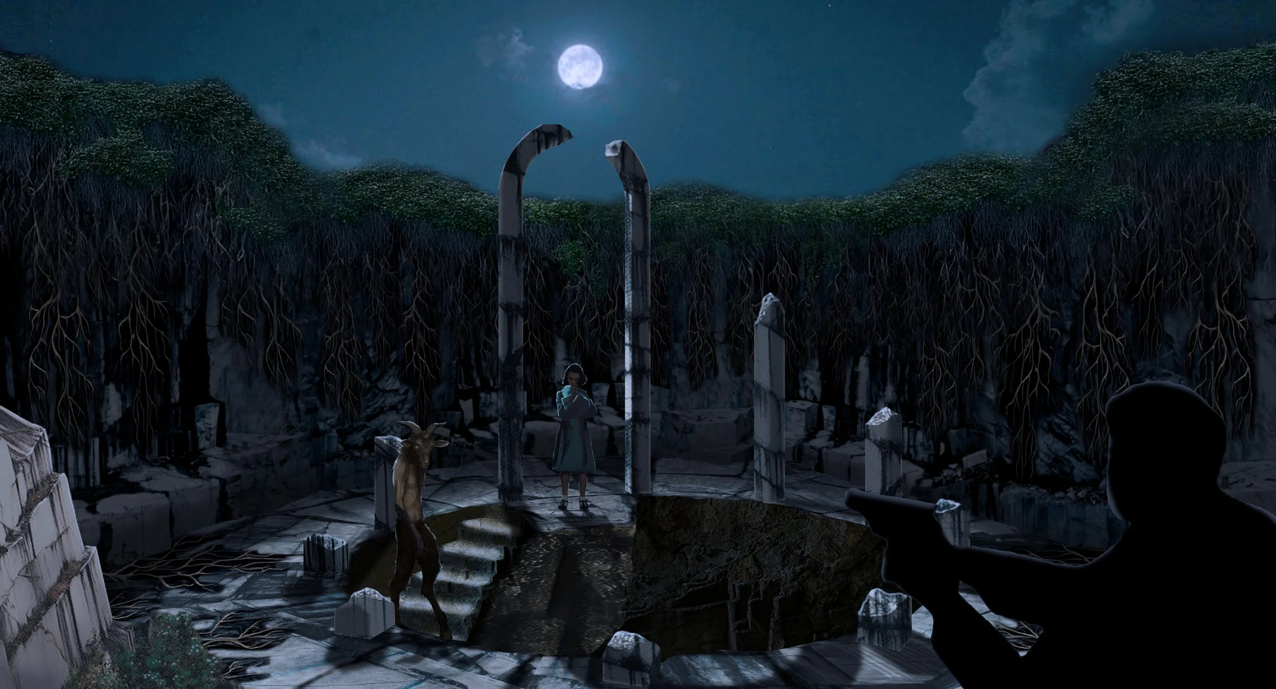 Night scene with a bright full moon, large roots hanging from a forested cliff, stone ruins with a woman in a teal dress and a goat standing on a makeshift bridge, and a silhouette of a person in the foreground holding a gun.