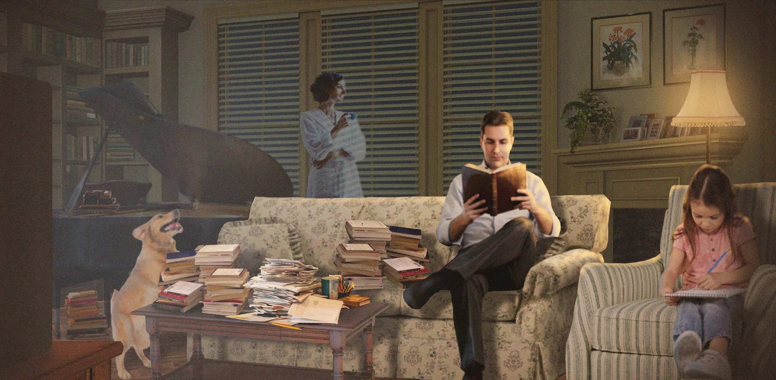 A cozy living room filled with books and people. A man in a white shirt and vest is sitting on a floral couch reading a book. A young girl is sitting in an armchair drawing. A woman in a white robe is standing near the window, holding a cup. A dog is