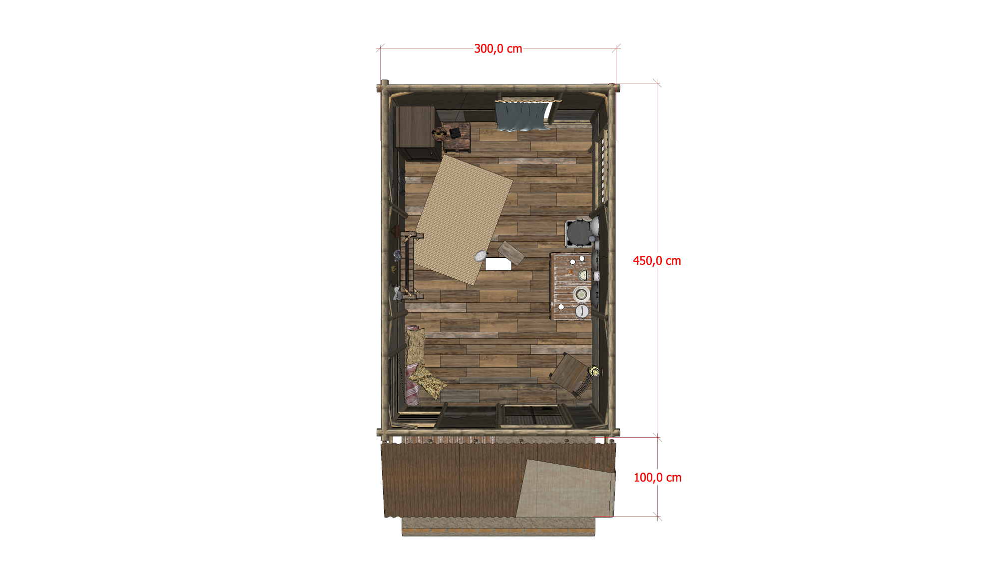Top-down view of a small room with wooden flooring, containing a bed, desk, wardrobe, and bathroom fixtures, with red measurement markings on the space around it.