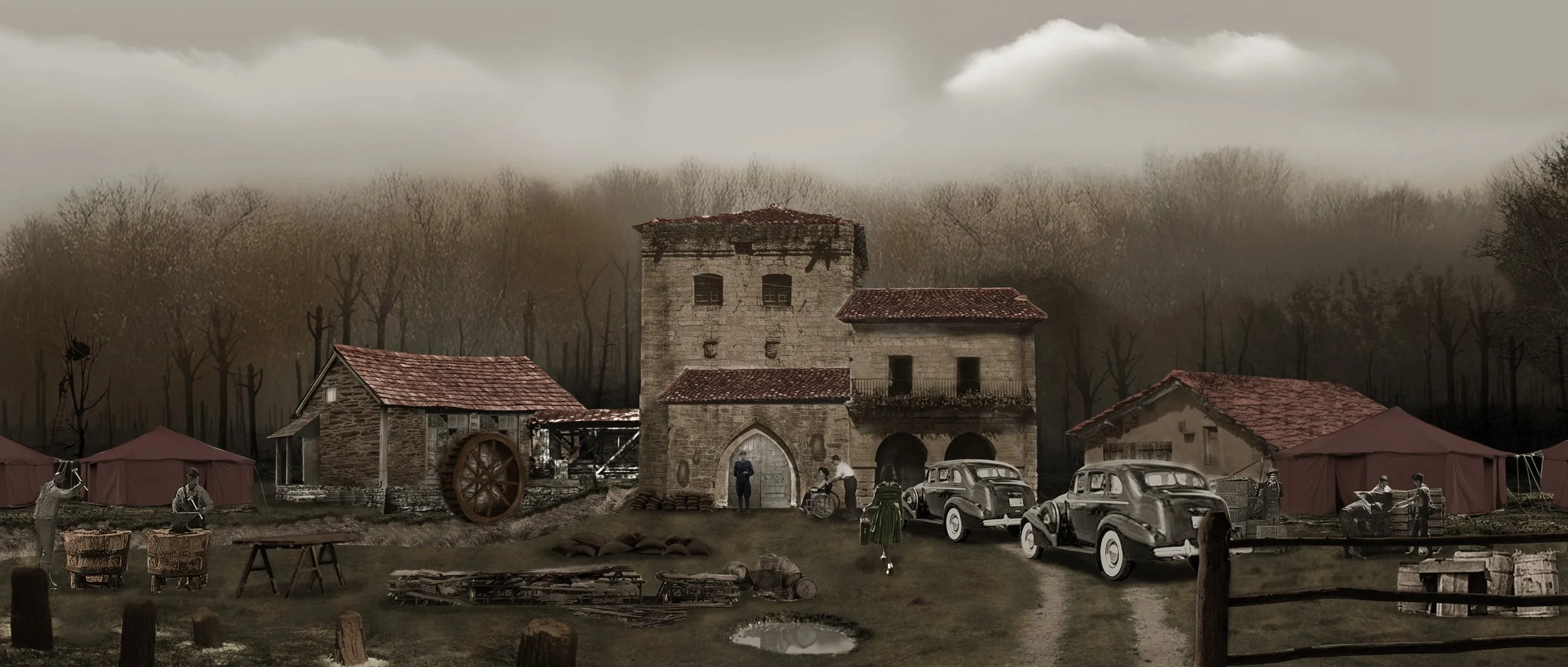 Historical scene with old buildings, vintage cars, and actors in period costumes, depicting a rural setting with tents and a water mill, under a cloudy sky.