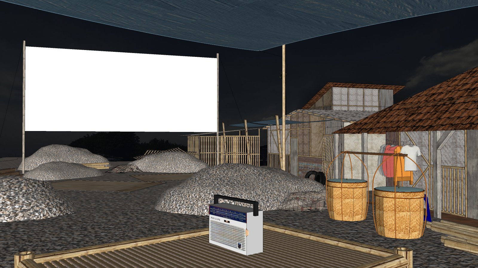 a nighttime outdoor scene with a makeshift movie screen, piles of gravel, a portable radio, and a small structure with laundry hanging outside.