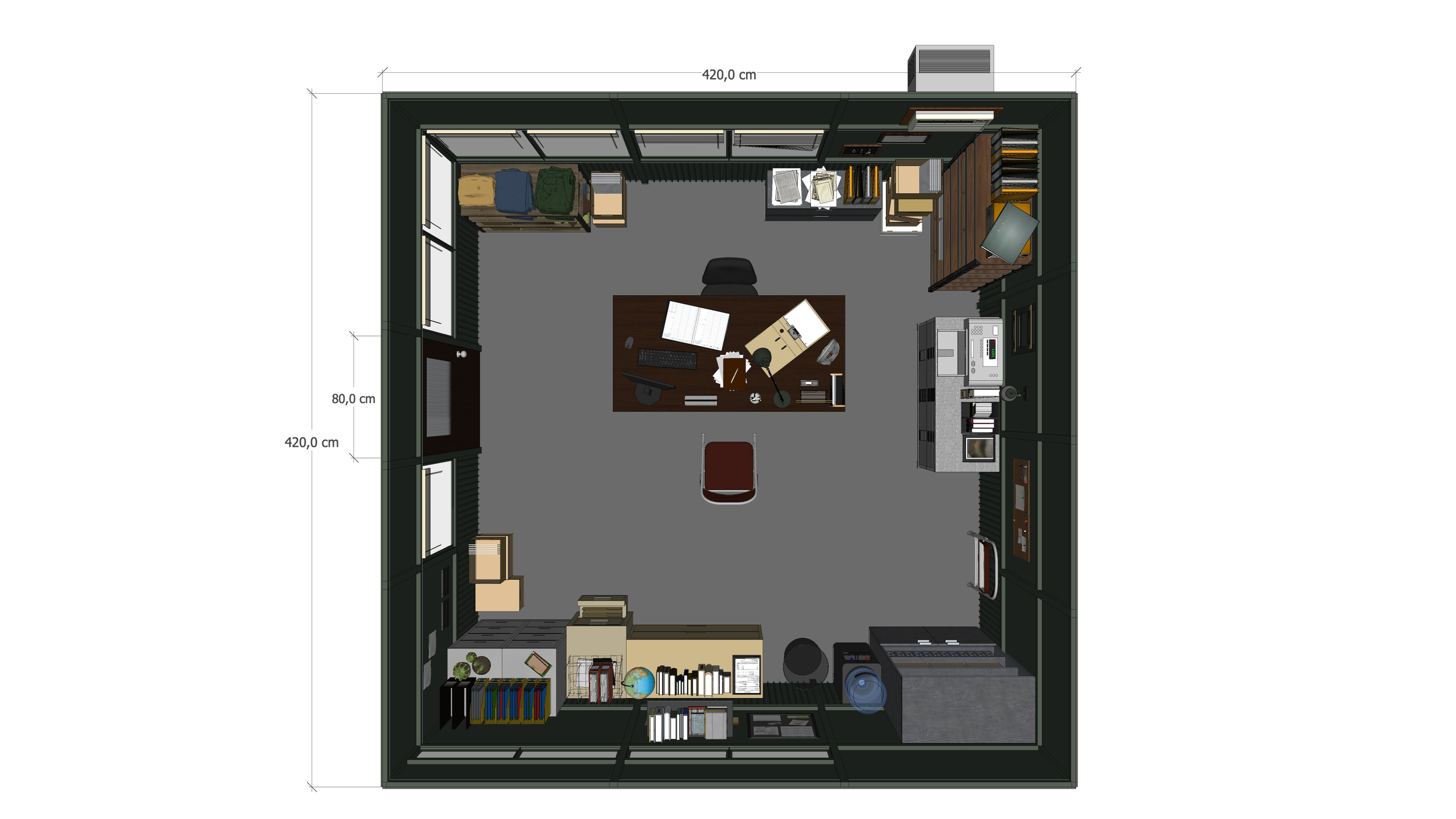 A top-down view of an office room with a desk, chair, bookshelf, and various office supplies and equipment.