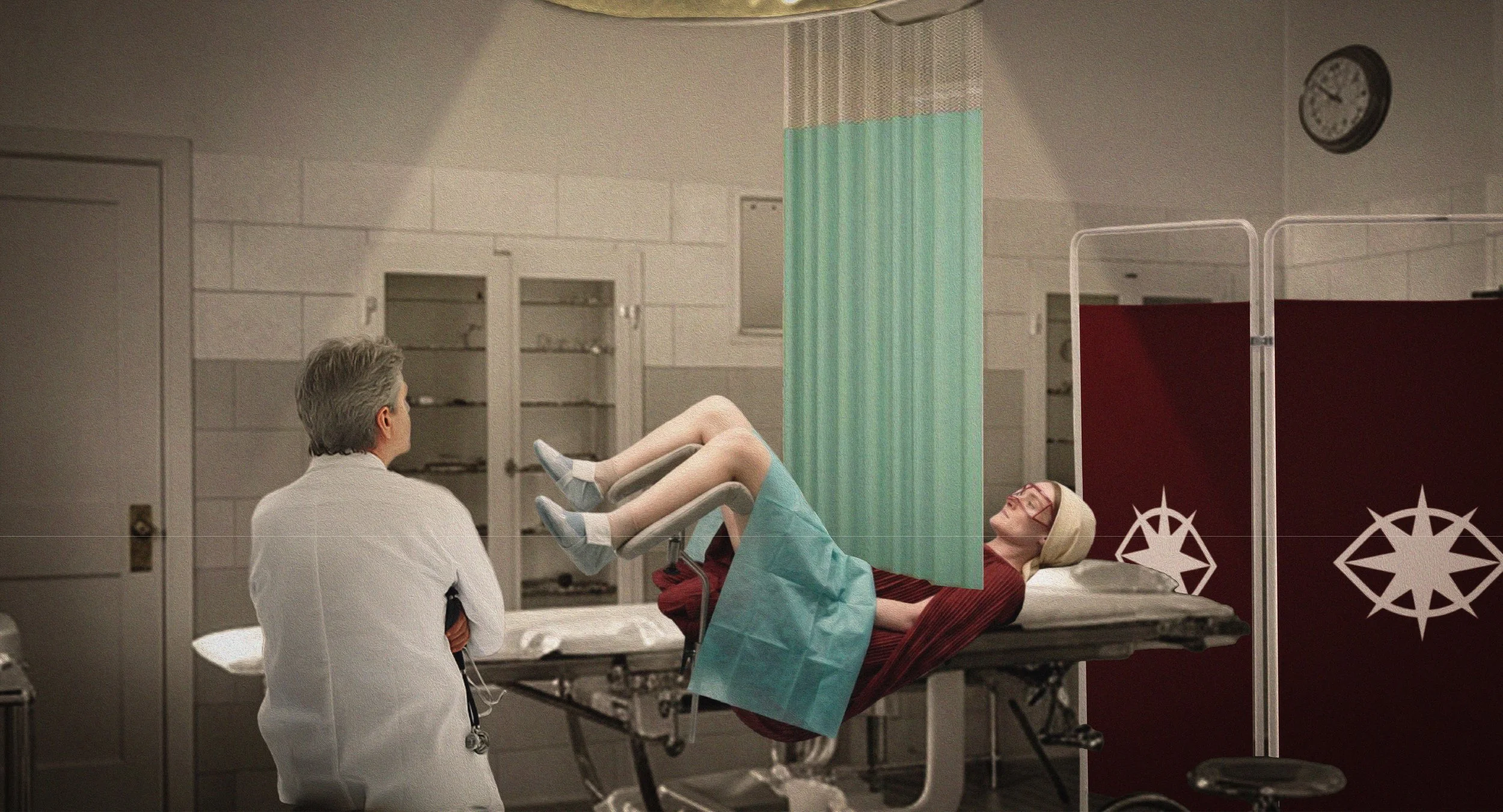 A scene in a hospital room where a doctor is attending to an elderly woman lying on a hospital bed. The woman is smiling and wearing glasses. The doctor, in a white coat, is standing beside her. The room has medical equipment, a privacy curtain, and 
