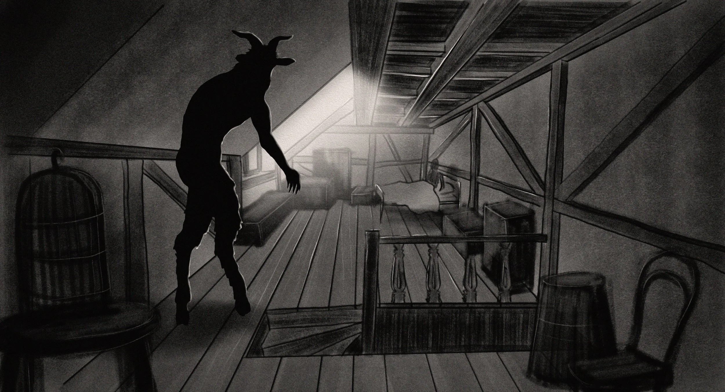A silhouette of a creature with goat-like horns standing in a dark attic or loft with wooden beams, a birdcage, and various furniture and objects.