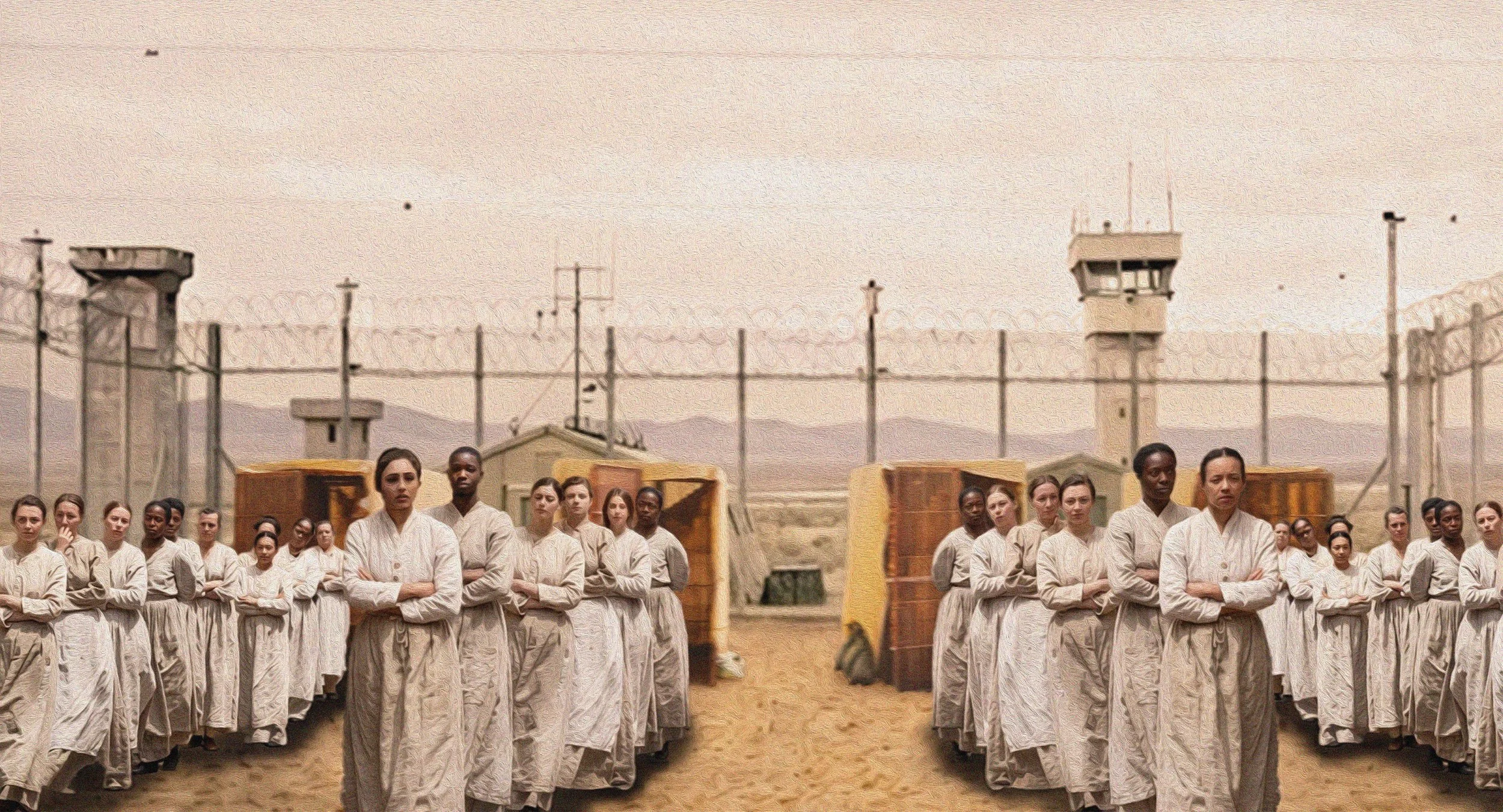 A group of women dressed in white prison uniforms standing in a line inside a prison yard, with watchtowers and barbed wire fences in the background.